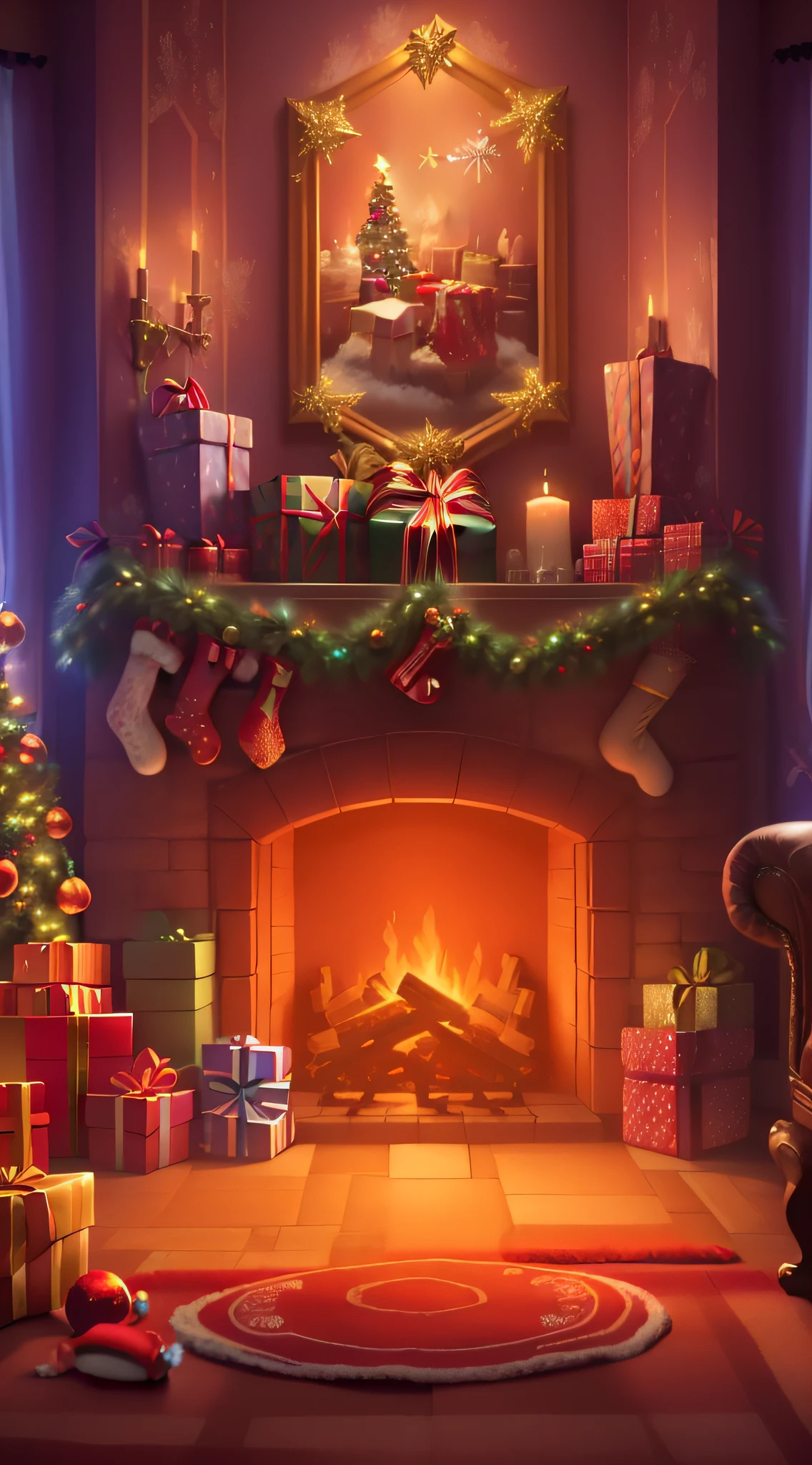 Fireplace with Christmas decorations and gifts in living room, background artwork, by Lisa Nankievel, Comfortable wallpaper, random background scene, arte de fundo, Background image, detailedbackground, Personal room background, House background, in front of a fireplace, Christmas Eve, santa'taller, magic lab background, Home page background, detailed scene, greg hildebrant (Greg Hildebrandt) Detailed introduction