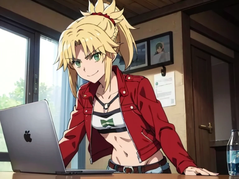 modred, (green eyes:1.5), blonde hair, ponytail, short hair, scrunchie, red scrunchie, hair scrunchie, denim, denim shorts, jacket, midriff, navel, red jacket, short shorts, shorts, tube top, red line white top, strap gap, looking down, looking at laptop, laptop, smiling