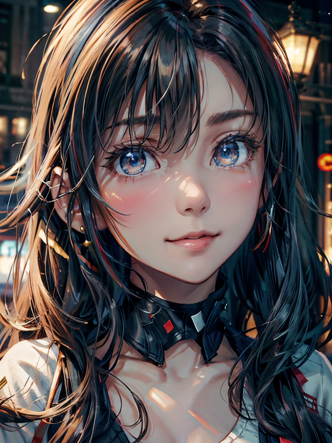 Best Quality、Raw photo、profetional lighting、Top image quality、masterpiece、Live-action depiction、Top quality backgrounds、background professional lighting、Russian、Comes with genuine Mura frame、a blond、the eyes are blue、Smiling a little、Hairstyle Long、Black sweater、Background in the city、