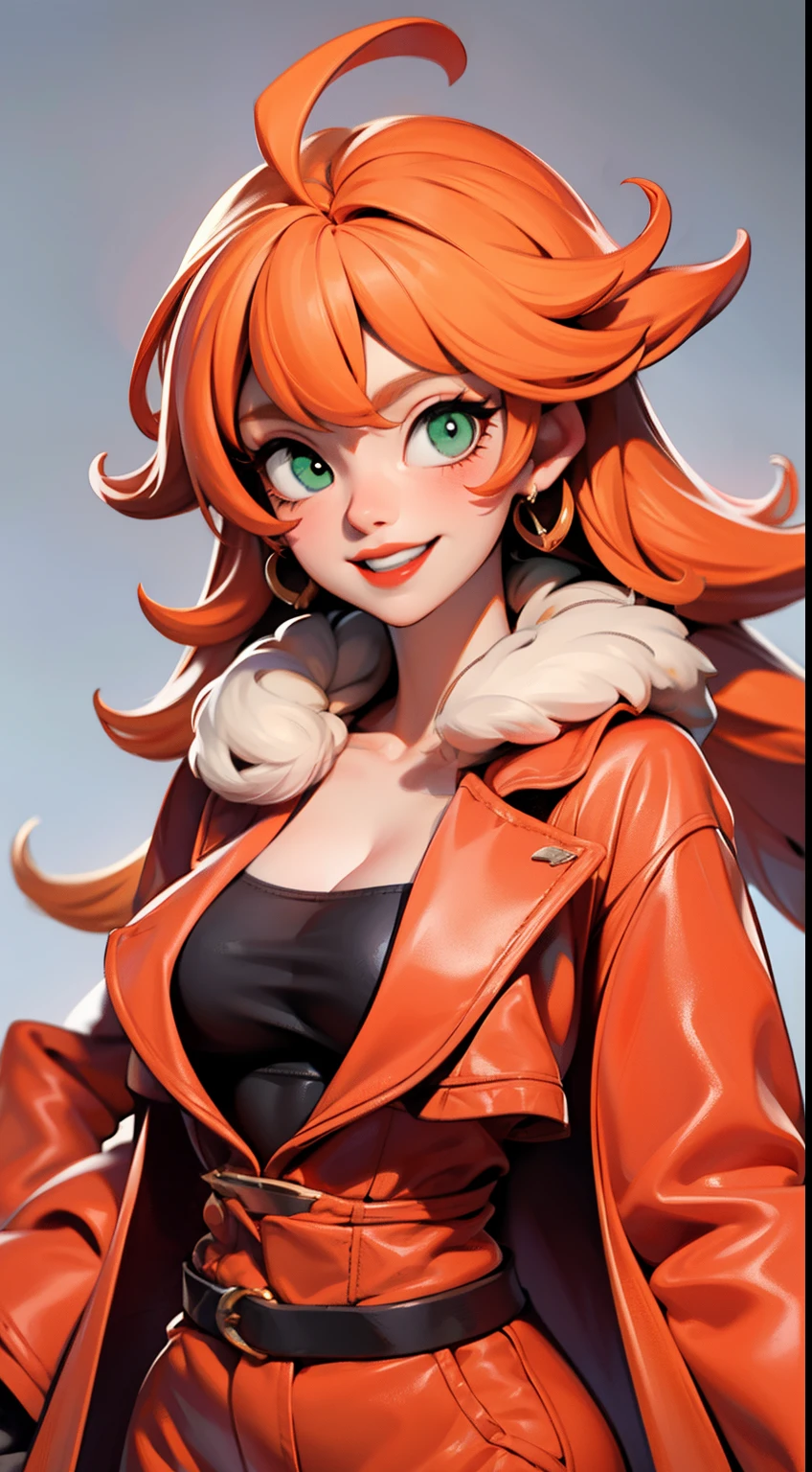 beuaty girl，Red lips and green eyes，orange color hair，  Red fluttering face, Fur coat, ssmile, big chest and thin waist