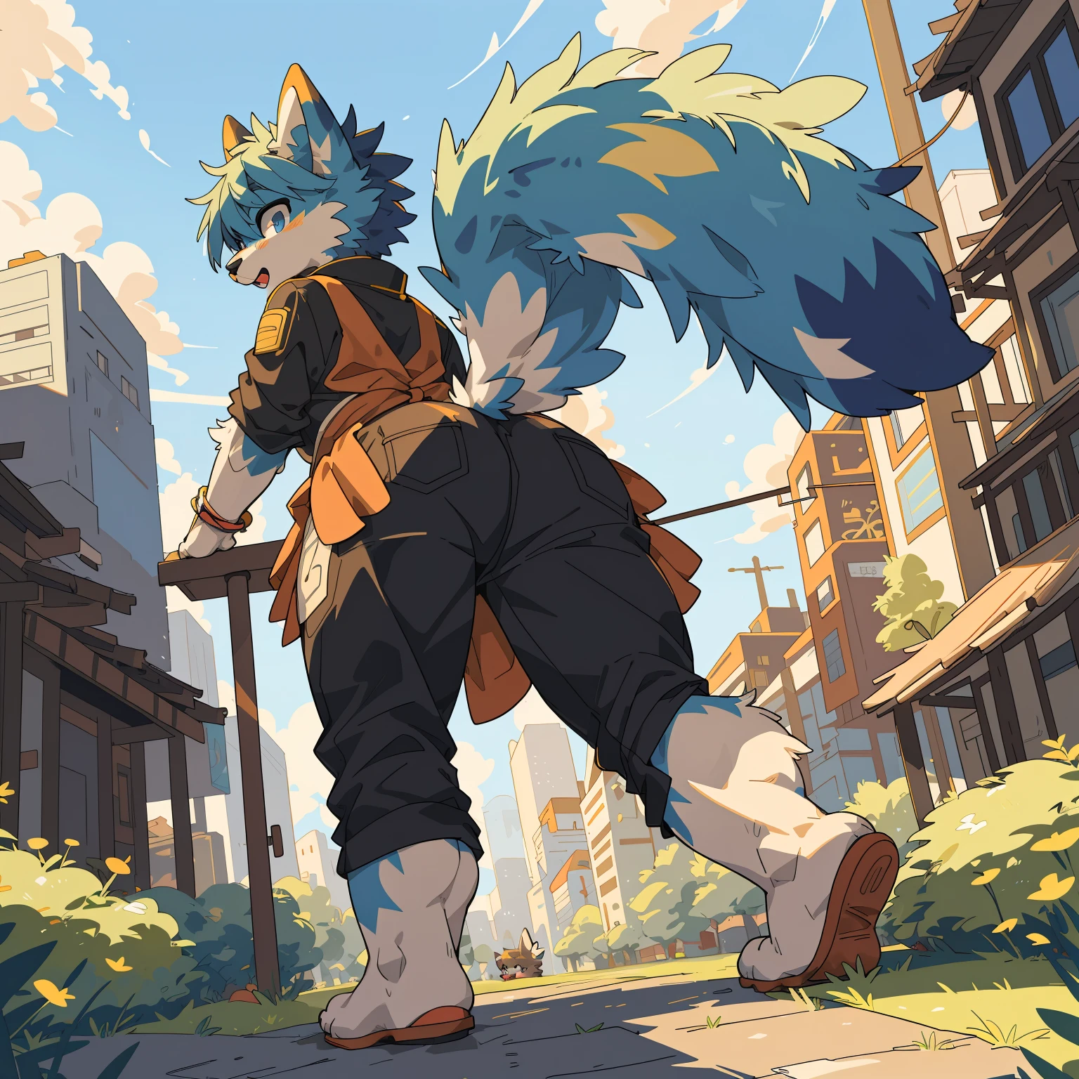 top quality, best quality, High-quality illustrations, masterpiece, super high resolution, detailed background, Crowded cityscape, Crowd(highly detailed beautiful face and eyes)absurdres, perfect anatomy(cute 1girl, warking, back view, kemono)(furry)(furry anthro:1.7)(Furry body, dog facial features, dog body features)(very detailed body fur)low angle full shot, shot from behind,