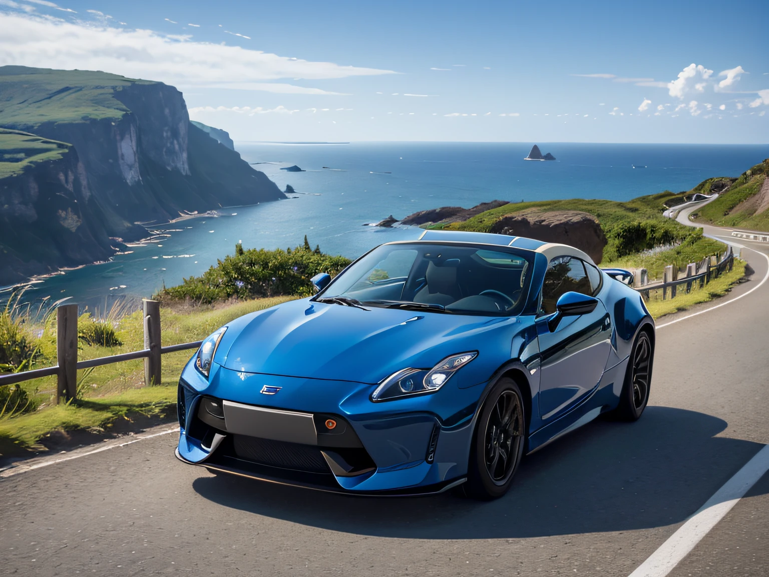 超A high resolution、An ultra-high picture quality、8K、Wonderful expression with attention to detail、early summer coastline、A blue sports car stopped on a mountain road、nissan fairladyZ 3000ZR Cabriolet