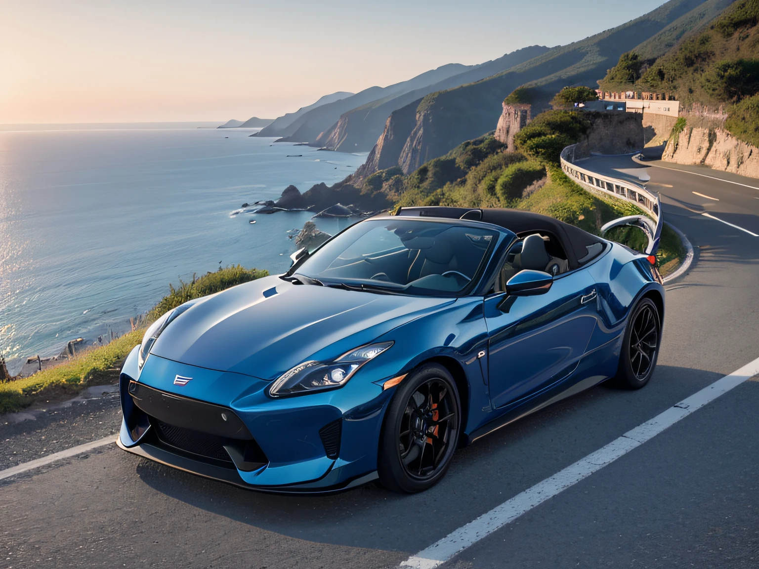 超A high resolution、An ultra-high picture quality、8K、Wonderful expression with attention to detail、early summer coastline、A blue sports car stopped on a mountain road、nissan fairladyＺ　3000ZR Cabriolet