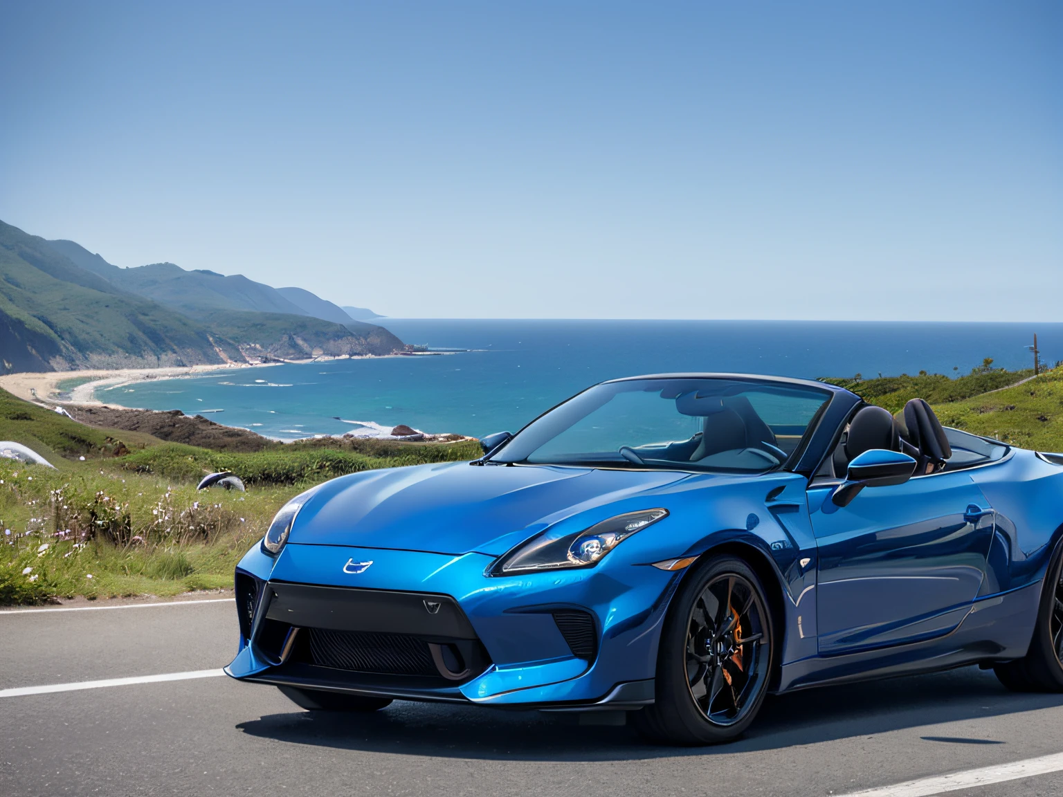 超A high resolution、An ultra-high picture quality、8K、Wonderful expression with attention to detail、early summer coastline、A blue sports car stopped on a mountain road、nissan fairladyZ 3000ZR Cabriolet