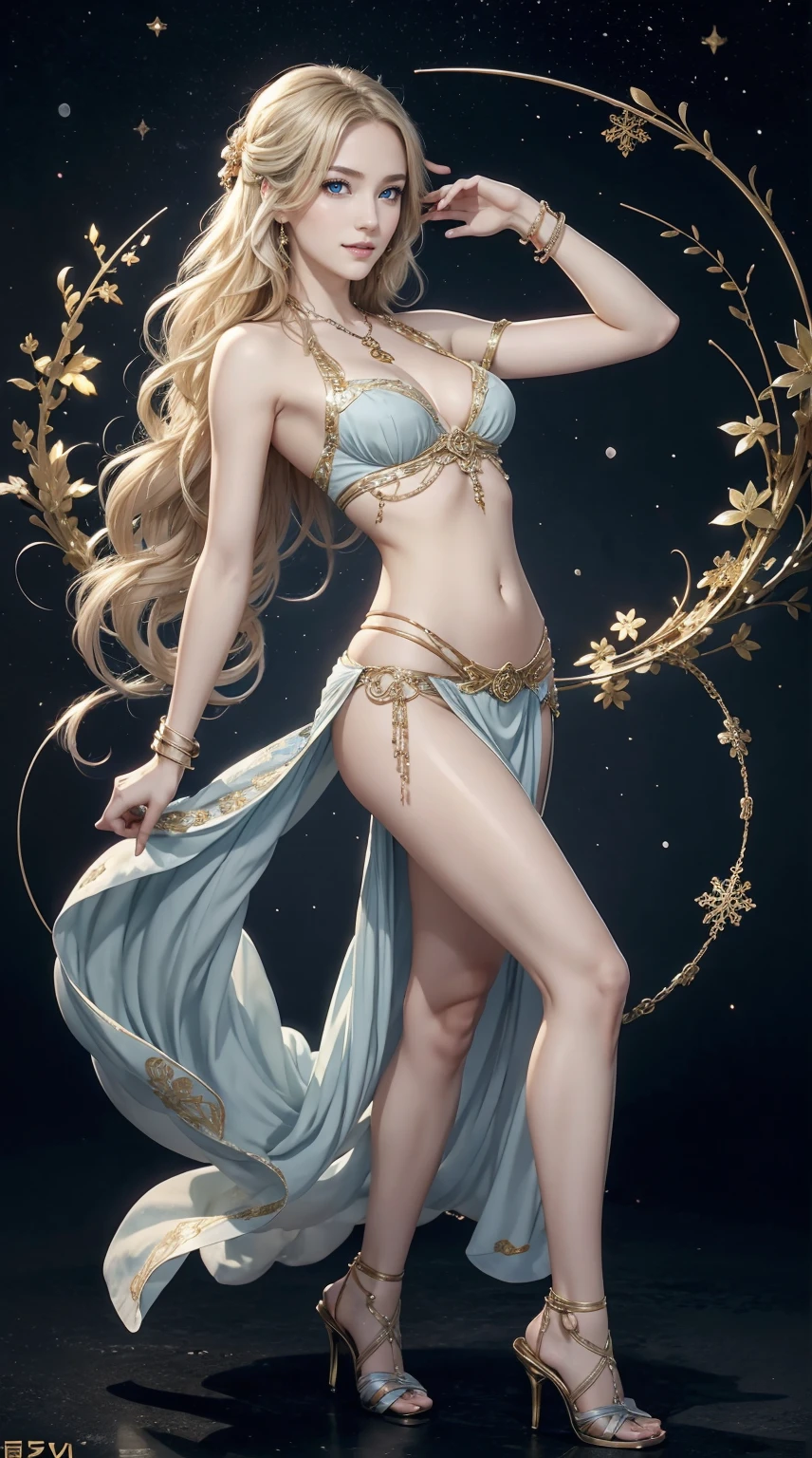 25-year-old Caucasian woman、ash blonde、blue eyess、Semi-long、setting hair、I'm tying my hair、My hair is wavy、Slender but thin macho、accessories on the wrist、wearing a chain necklace、Beautiful breasts、a smile、I need space above my head、wearing an ornate belly dance costume、Wearing high heels、Snowflakes are falling all over the screen、background art nouveau