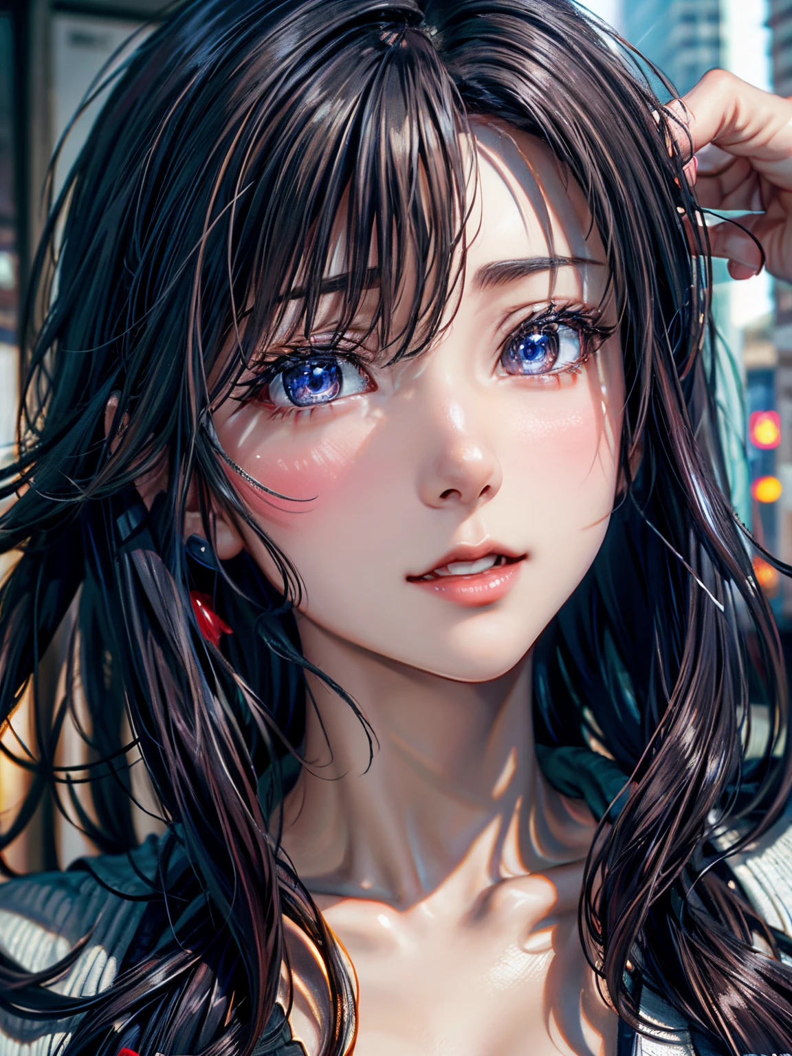 Best Quality、Raw photo、profetional lighting、Top image quality、​masterpiece、Live-action depiction、Top quality backdrop professional lighting、Russian、Comes with Mura genuine frame、hair is a brand、the eyes are blue、Hairstyle Long、Black sweater、Background in the city、big eye、