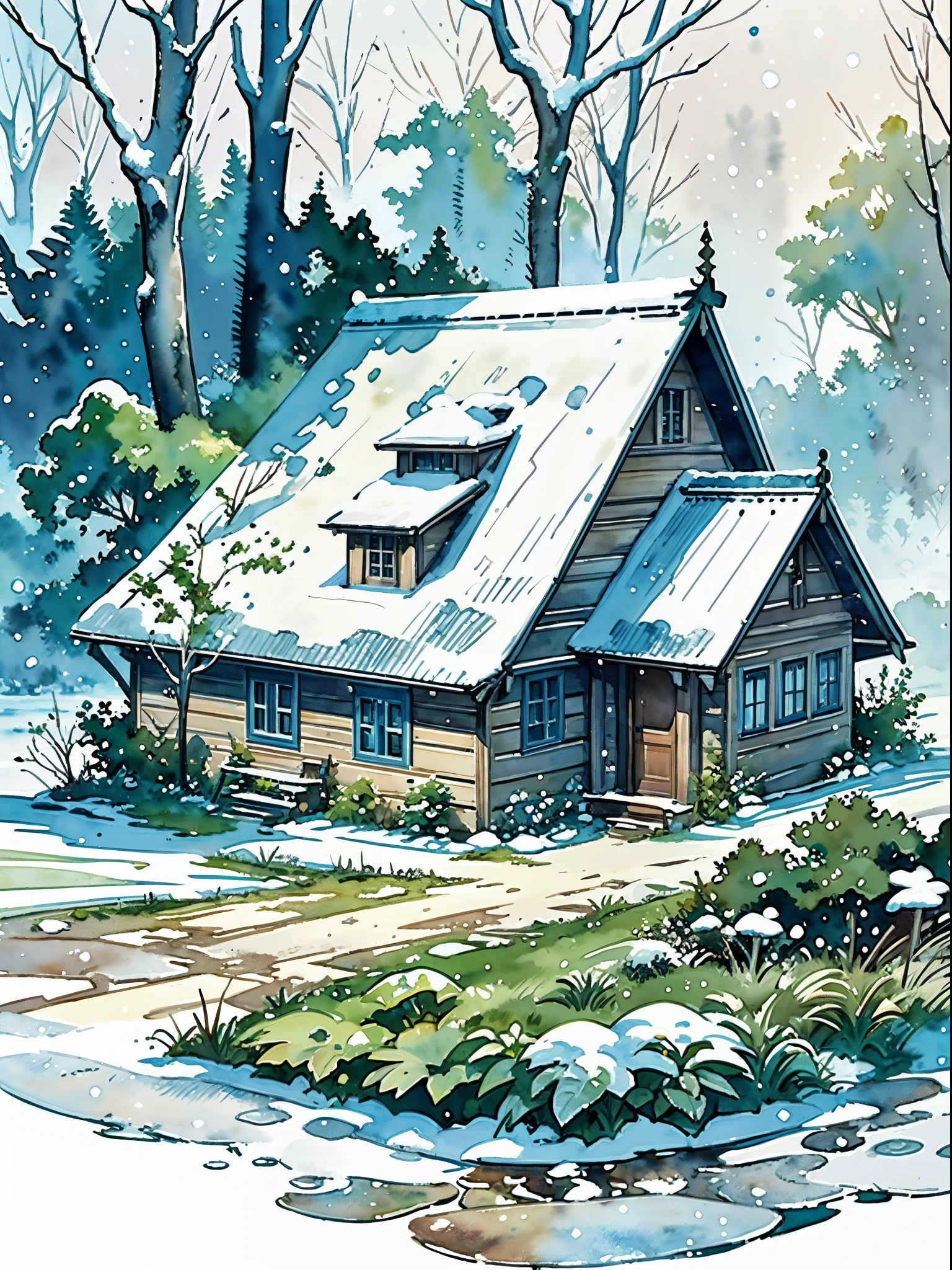 (masterpiece, best quality, close up:1.2), (no human:1.3), (((watercolor))), ((((dripping watercolor, splash art)))), watercolor on, texture, (textured canvas), blank background, dripping colors, watery colors, (stone pavement, road, fence), ((vegetable garden)), (((medieval fantasy))), fantasy, medieval, ((fairytale)), (fog, snow, winter:1.7), (canopy:1.2), clean, (stone hut, misty:1.4), fence, (forest, forest floor:1.4), ultra clean, Ultra detailed, studio ghibli, landscape, wallpaper, clean, warm tone, anime style, masterpiece, super detail, highres, best quality