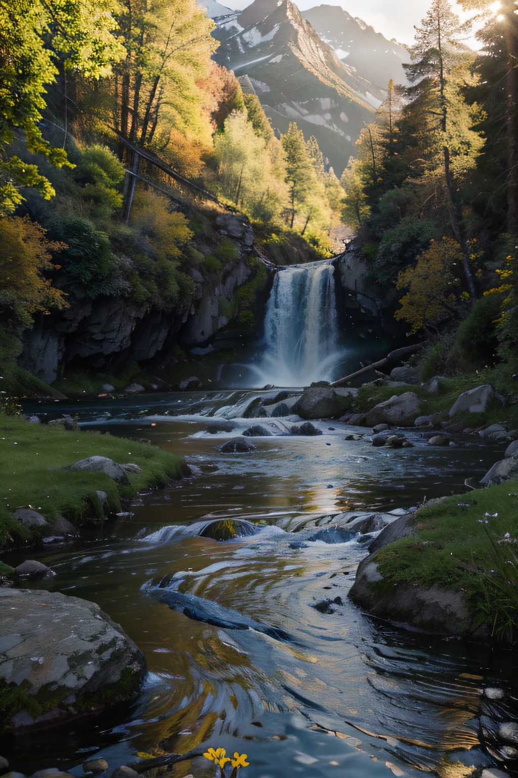 The stream has water flowing.. Various flowers behind the mountain The evening sun was warm.. The atmosphere is relaxed and appropriate....10