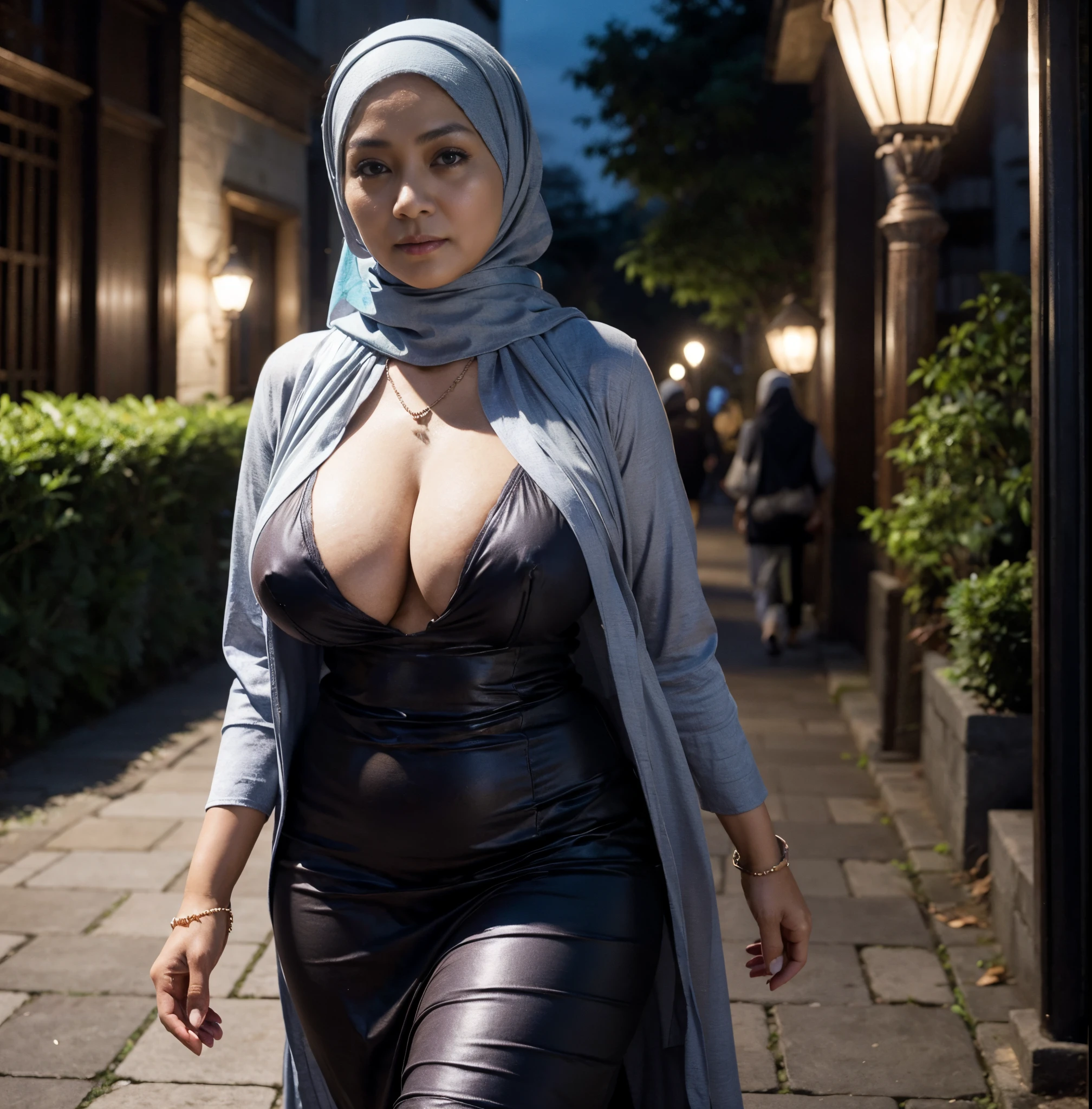 55 Years old, Hijab Indonesian mature woman, Perfect , natural Huge breast : 48.9, gorgeous eyes, Soft smile, Naked, Saggiest mature breast, necklace, hairband, Nightime walk, City garden, Excellent lighting, Dark colors, Clean lines.