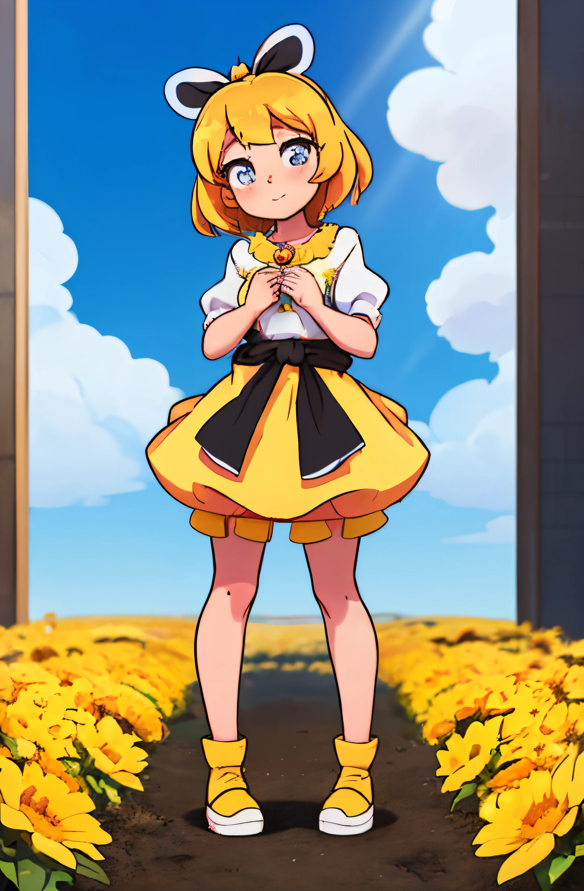 Anime girl wearing skirt standing in flower field, short full body portrait!, beautiful sunflower anime girl, Full body lesbian:: Beautiful weather::, change, Mirror sound bell, loli in dress, ❤🔥🍄🌪, 🍁 Cute big breasts, Curvy little loli, Inca, madeline from celeste, offcial art, standing in flower field