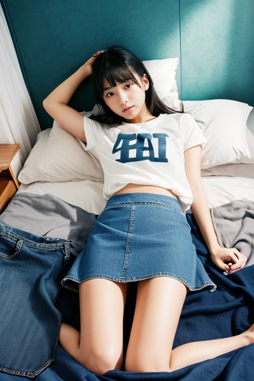 An ultra-high picture quality、Perfect Photo、13-year-old beautiful girl、Japan beautiful girl、Junior high school girls、light skinned、slender、Beautuful Women、(Lying on his back on the bed)、Nokezoru、With bangs、((Anxious expression))、Skinny Legs、(((Denim Mini Skirt)))、Raised mini skirt、Light makeup、(hate)、(Painful)、（closed eye）、((Stand on both knees))、(Open knees)、(((The base of the foot is fully visible)))、(raise her legs)、(resist)、(Resist fiercely)、sports hair、Black hair straight hair、Medium long、(Teary-eyed)、girl's own room、thighs thighs thighs thighs、(((I can see panties.)))、（I can see a little bit of underwear）、kne、ankle、anus、