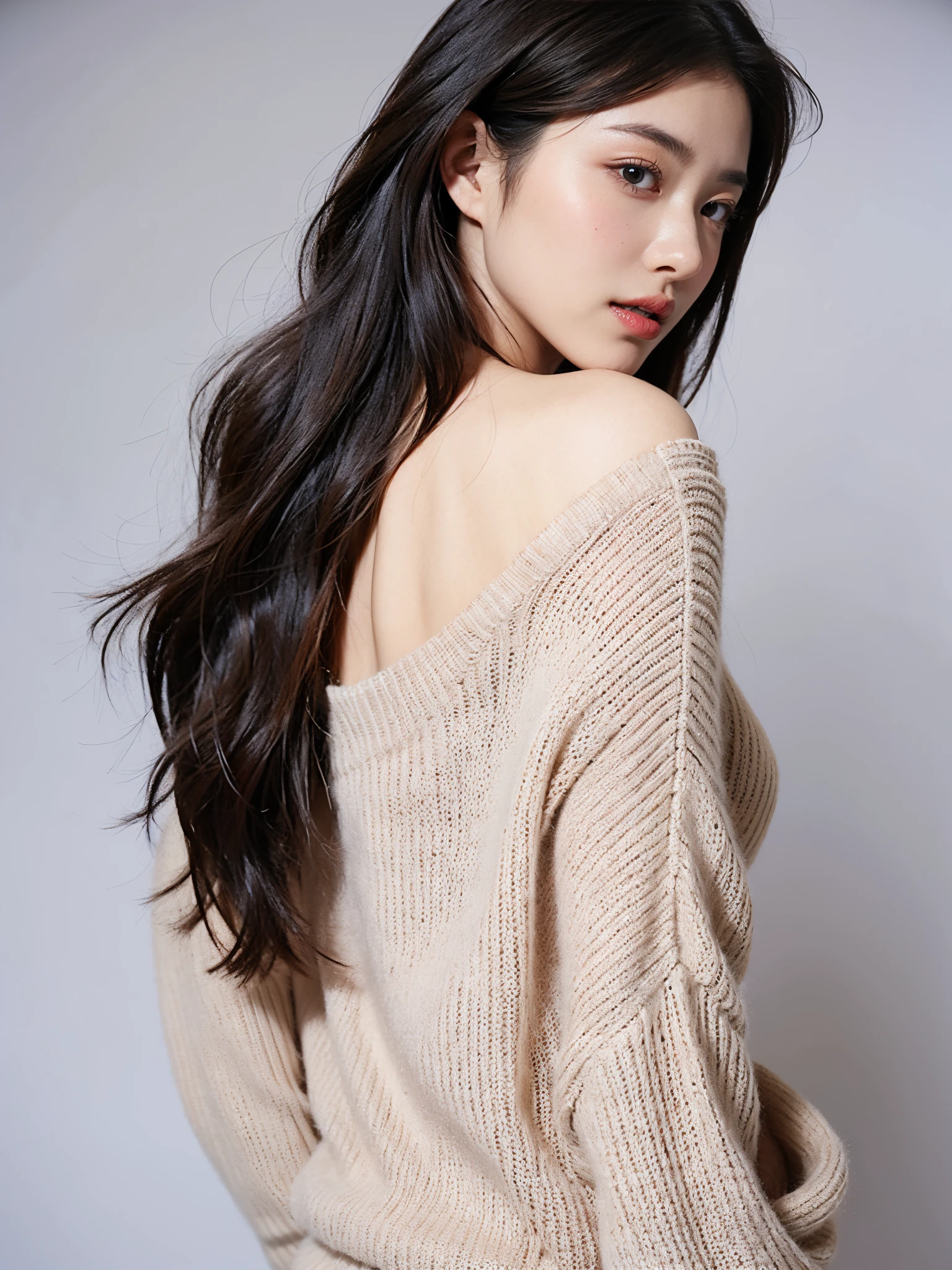 nice sweater,Portfolio-like,arm down or back、large full breasts、a sexy girl,Beautie,Beautiful eyes,Background Simple,hair is long,The ends of the hair are a little messy,Sexy atmosphere,Very cute,A faint smile ,The face of a beautiful Korean model