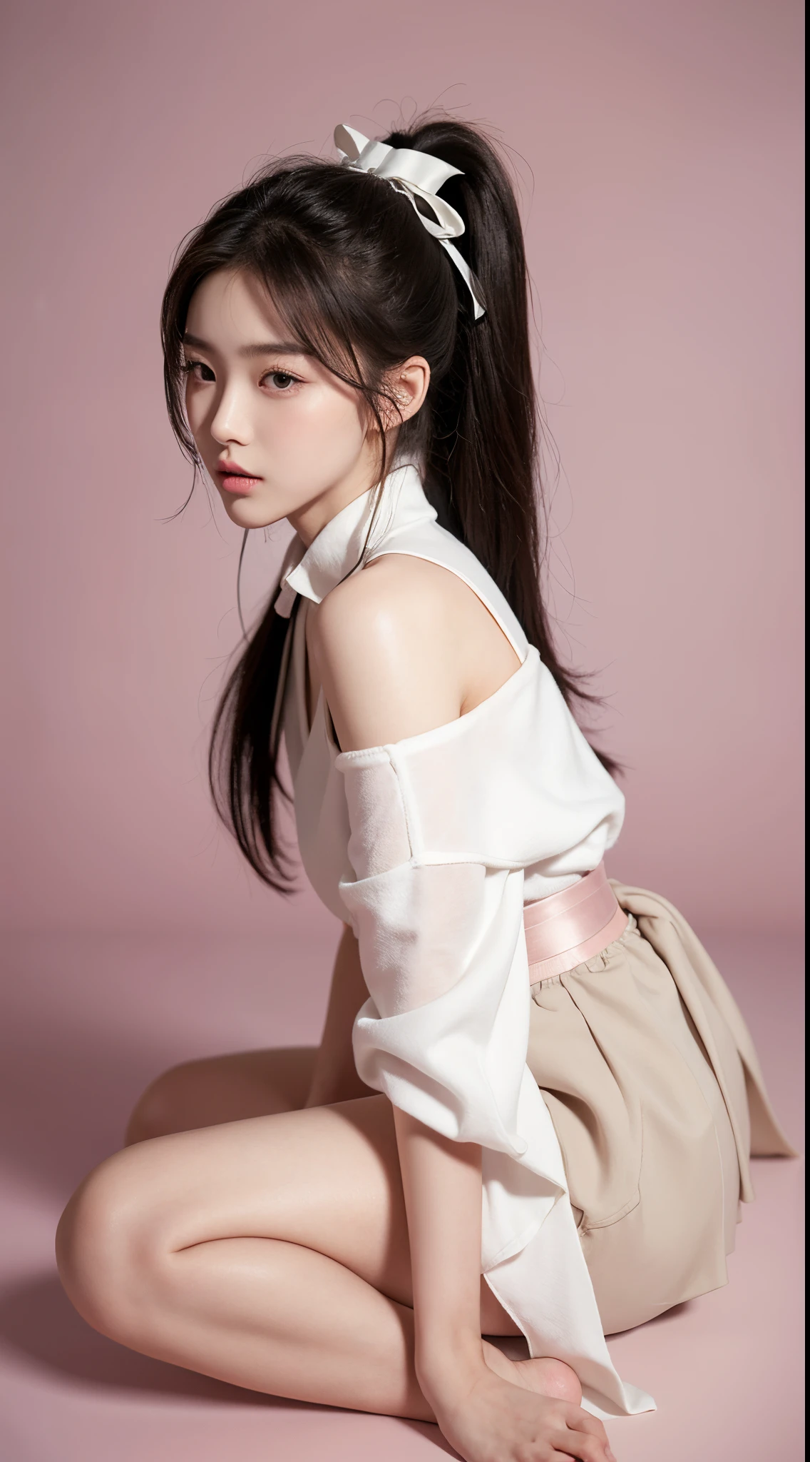 1girl, 175cm,korean model,23 years old,soft body, slender body, ponytail hairstyle ,whole body, hair reaches waist, whole body,((head to leg)),close-up, 8k, RAW photo, best quality, masterpiece,realistic, photo-realistic,seductive,cute , erotic post , blouse  , highly detailed, ,lurred background, beautiful, charming, soft behind, full body, lifting skirt ,ribbon tie