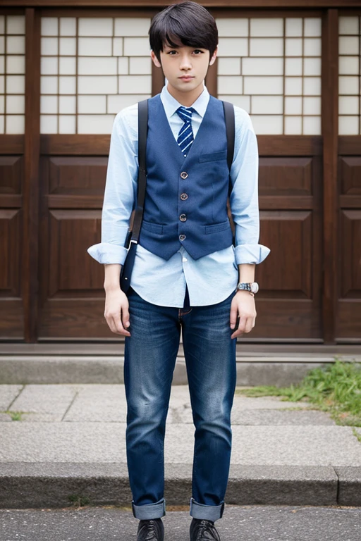 Japanese boy wearing light blue shirt, polka dot tie, black suspenders, jeans, and leather shoes.