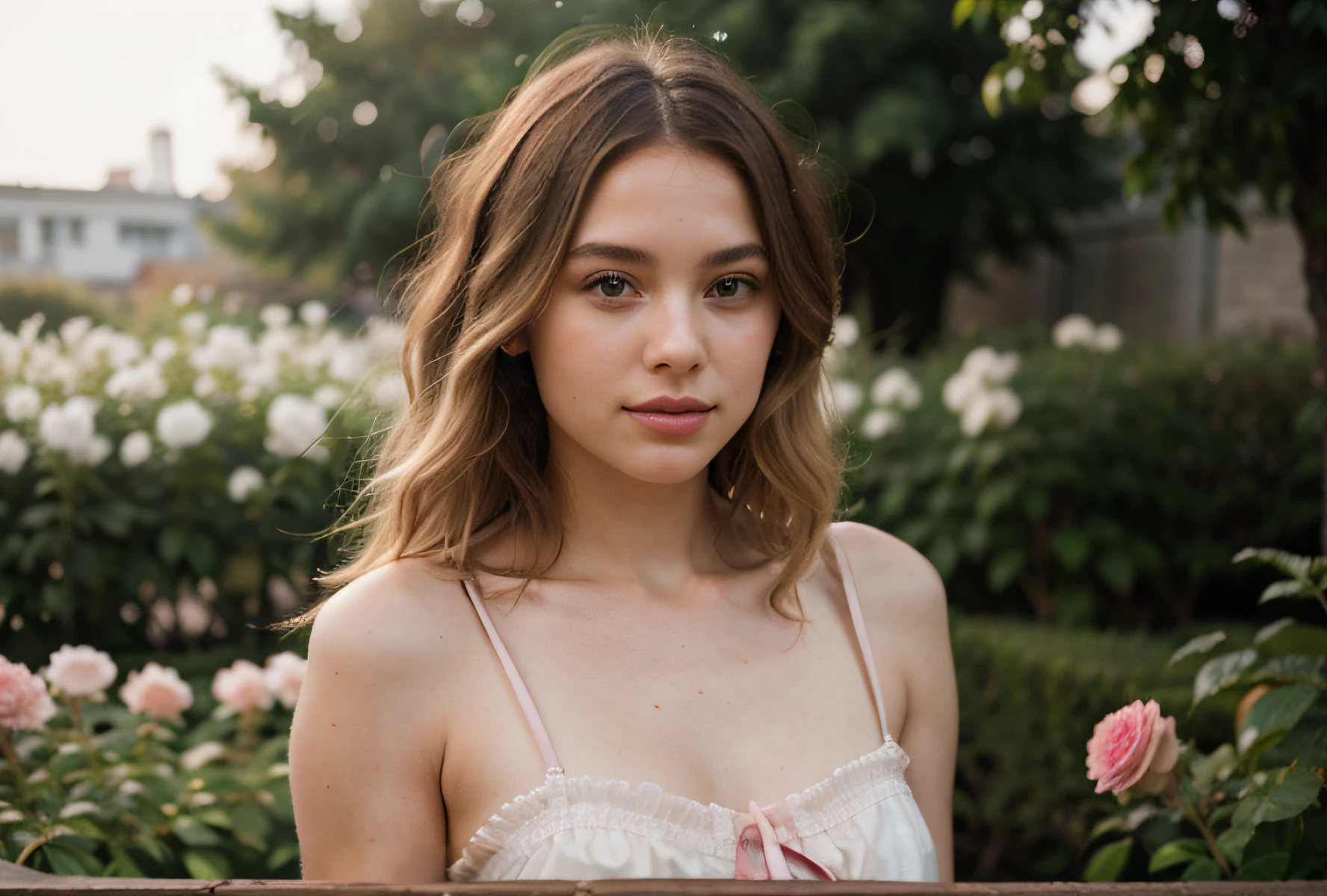8k, RAW-Foto, Fujifilm, Style photo of a beautiful young woman as Avril in a garden with light pink roses (hochdetaillierte Haut: 1.2) Style-Petal BREAK kurzes Haar, blonde hair with colored curls, ein Kleid tragen, Filmgranulierung, 35mm, cute style