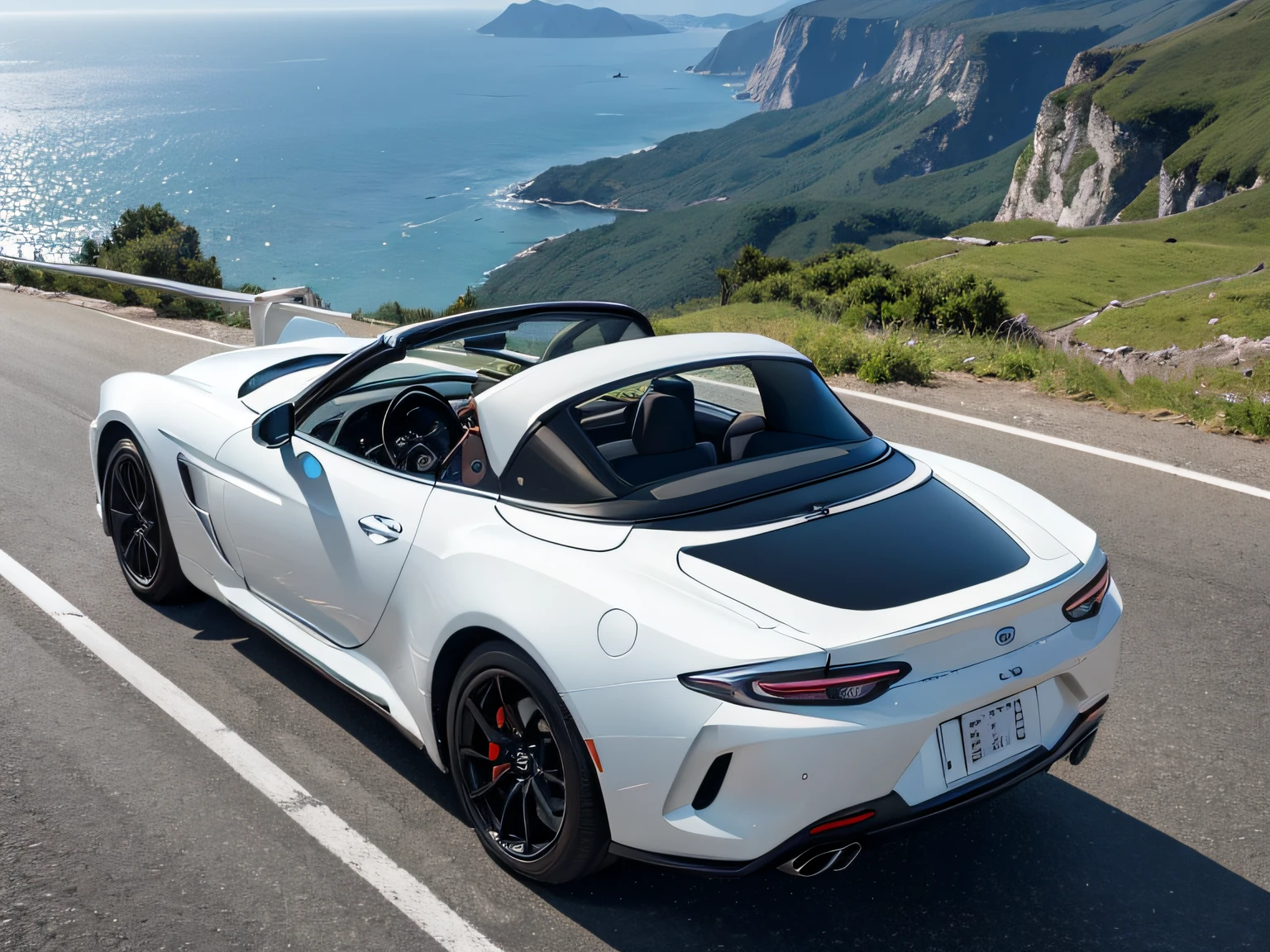 超A high resolution、An ultra-high picture quality、8K、Wonderful expression with attention to detail、early summer coastline、A white sports car stopped on a mountain road、Toyota 3000GT Sports Coupe Cabriolet