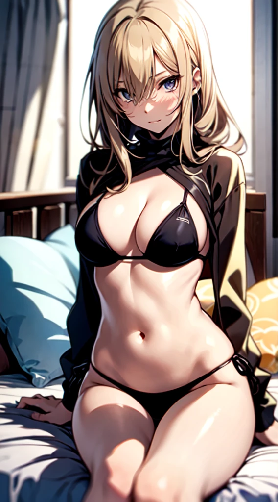 Anime girl wearing a string bikini, laying on bed, Put your hand on the anime girl's stomach.