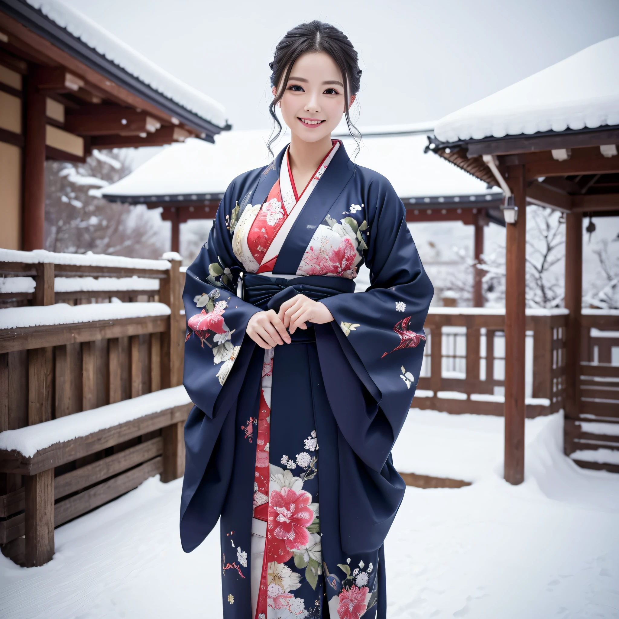 (Super beautiful woman in kimono)、((best qualtiy、8k masterpieces:1.3))、foco nítido:1.2、(ultra beautiful faces:1.0)、(shinny skin:1.0)、photos realistic、A dark-haired、Video Lighting、High-definition eyes and face、Video Lighting、Japanese actressl、from the front side、medium breasts、With a happy smile、Slender Abs Beauty、Whole body、wearing kimonos、In a snowy landscape in the middle of winter、highest grade obi