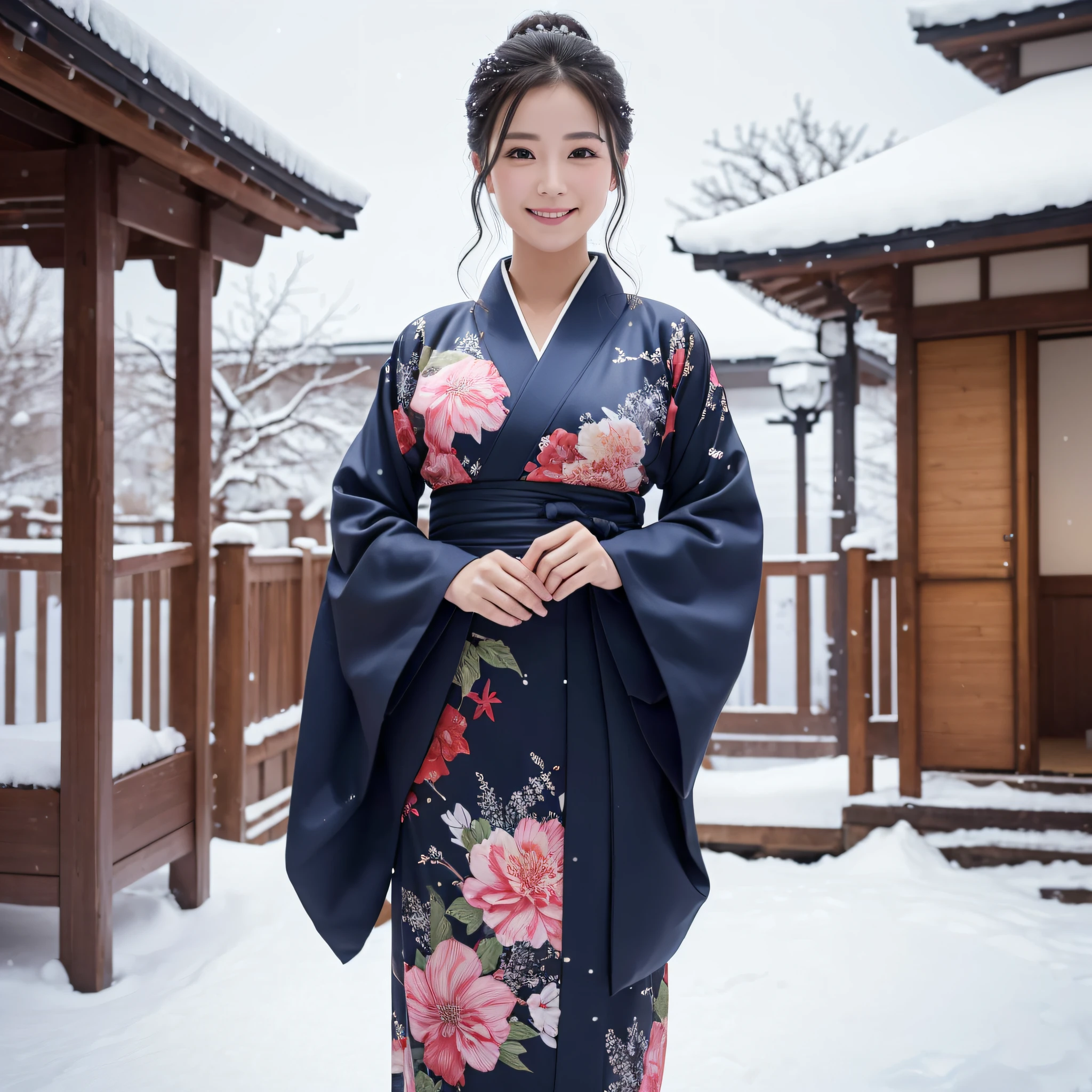(Super beautiful woman in kimono)、((best qualtiy、8k masterpieces:1.3))、foco nítido:1.2、(ultra beautiful faces:1.0)、(shinny skin:1.0)、photos realistic、A dark-haired、Video Lighting、High-definition eyes and face、Video Lighting、Japanese actressl、from the front side、medium breasts、With a happy smile、Slender Abs Beauty、Whole body、wearing kimonos、In a snowy landscape in the middle of winter、highest grade obi