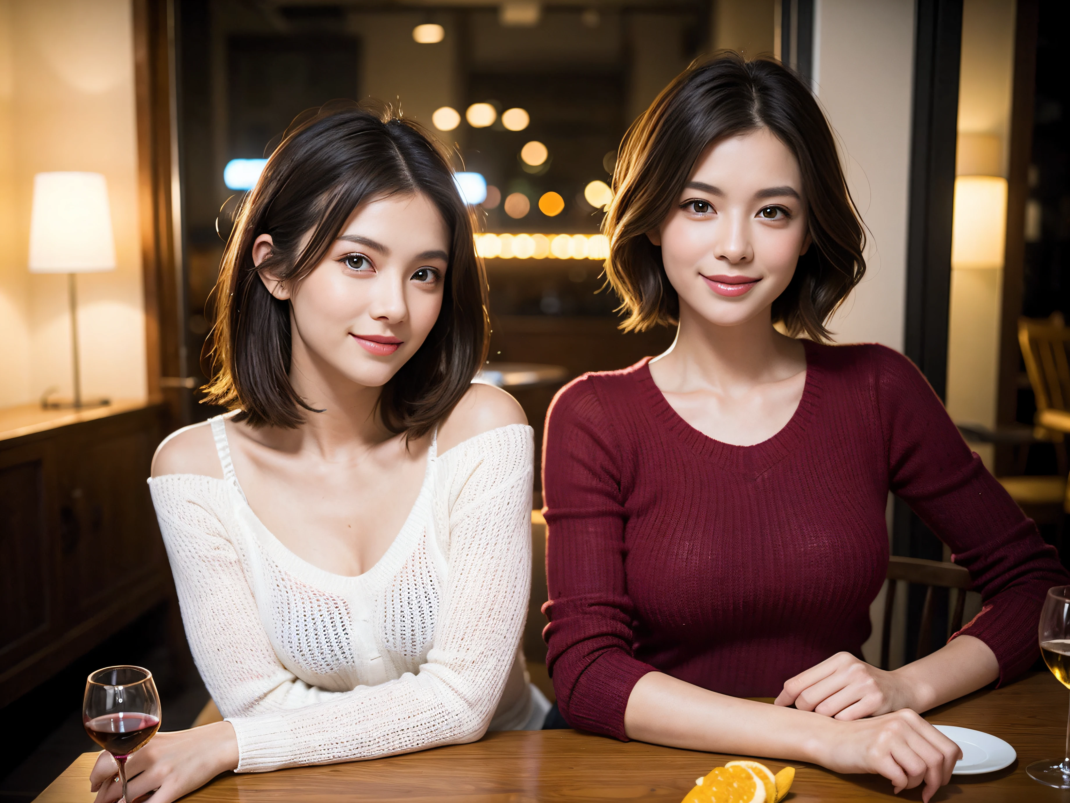 (64k uhd、nffsw、top-quality、masterpiece:1.2)、(realisitic、Photorealsitic:1.37)、ultra-detailliert、wine glasses、enjoying a glass of wine、a matural female、Two beautiful women、(Slim Faces)、(Slim body)、(brawn hair)、(short-cut)、smiling french woman、happy italian girl、British woman、Americana、blush a little on the cheeks、(38 years)、42 year old、red wine、A beautiful and detailed night view spreads out outside the window....、resturant、Wine glasses in a prominent place、natta、(from waist up)、sitting on、date、(A smile:1.15)、Beautiful detailed eyes、Cashmere sweater、long-sleeved dresses、japanes、(short-hair:1.2)、Float NovaFrogStyle、、modeled、from waist up、white wine、Slimed、wine glasses、Super beautiful night view、Put the wine glass in the middle、Happy smile、(8K、Raw photography、top-quality、masterpiece:1.2)、(realisitic、Photorealsitic:1.37)、ultra-detailliert、超A high resolution、2 females、see the beholder、beautifull detailed face、A smile、Constriction、(Slim waist) :1.3)、knit shirt、Beautiful detailed skin、Skin Texture、floated hair、professional light needle breast、eyes gentle