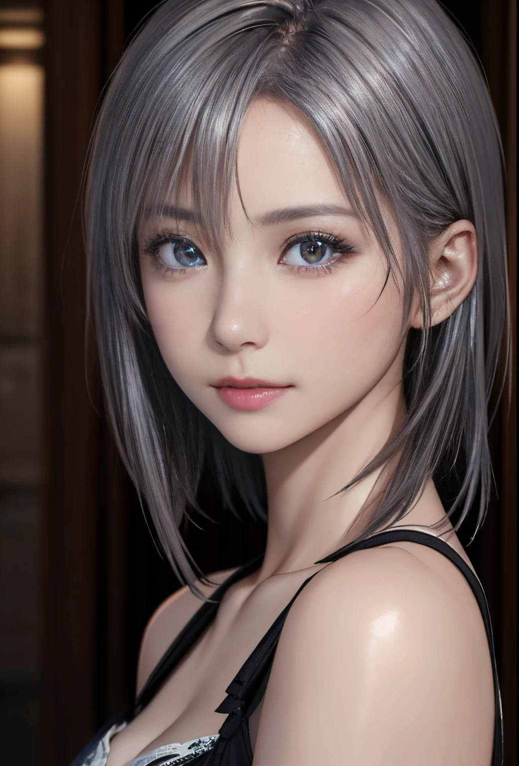 (8K, Photorealistic, Raw photo, of the highest quality: 1.3), (1girl in), Super beautiful, (Realistic face), (boyish, Silver Color Berry Shorthair), Beautiful , Glare that captivates the viewer, Beautiful expression, Beautiful breasts, (Realistic skin), Beautiful...