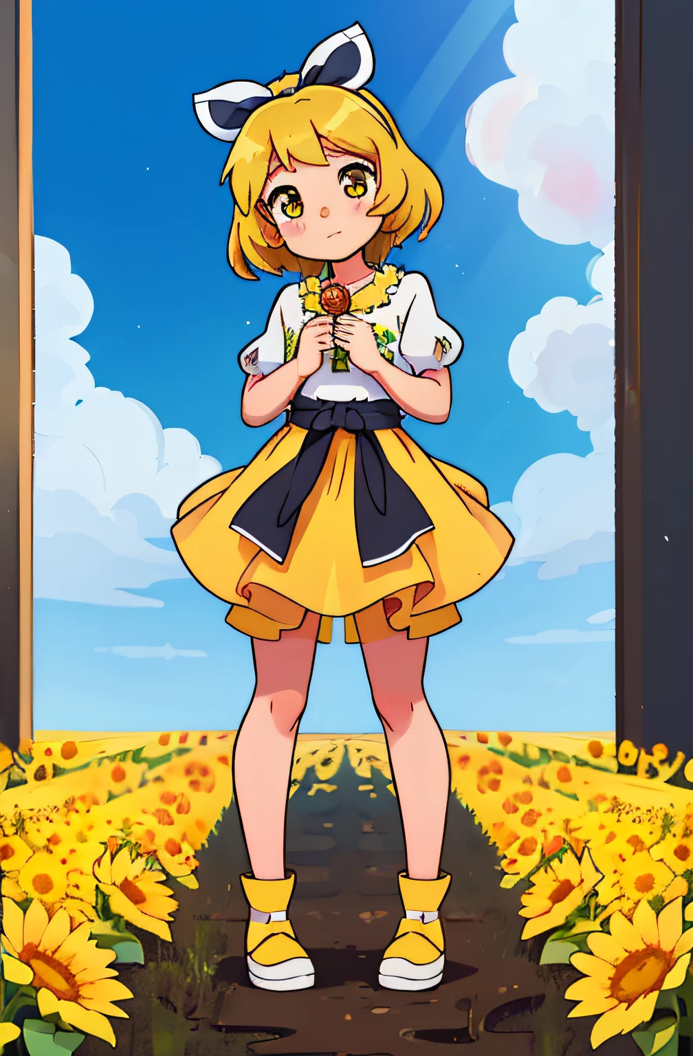 Anime girl wearing skirt standing in flower field, Clear eyes full body portrait,with facial details!, beautiful sunflower anime girl, , Mirror sound bell, in dress, Curvy little lolica, madeline from celeste, offcial art, standing in flower field