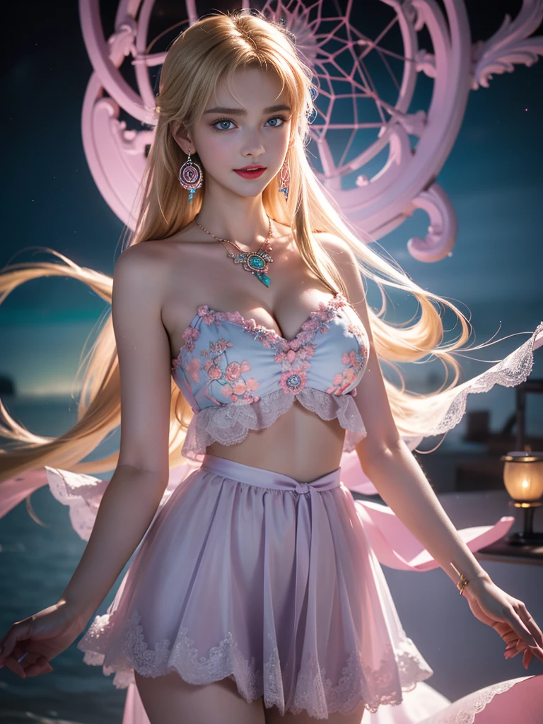 tmasterpiece,Highest image quality,super detailing,Best quality at best ,Extremely Delicately Beautiful, Very meticulous,Best quality at best, offcial art, extremely detaild的 CG unified 8k wallpapers, Ana de Armas portrait photo, blond hair blue eyes,Radiant skin and radiant eyes:1.1), pretty skin, lamplight, (Detailed lighting:1.2), (Beautiful and detailed light:1.3), Nice vacuum kit, deep understanding, The beautiful, iintricate, digitial painting, smooth private parts, Focus sharp, The end of the world, Epic reality, (HighDynamicRange:1.4), captivating curves,(pastel colour:1.4), Bigchest,apocalyptic, giving up, com cores neutras, natta, Screen space refraction, (Complicated details, ultra - detailed:1.3), Dream Catcher Necklace,art stations, Cinema lenses, vignet, the complex background, buliding,Enchanted smile,detailed back ground,Dream catcher earrings in various colors,white colors,in pink,purpleish color,red colour,blue colors,orange colors,green color,cyan colors,),