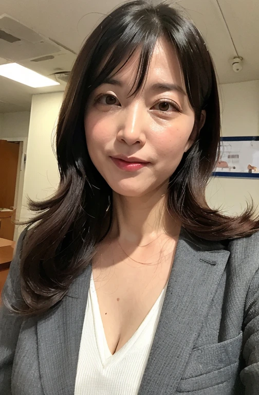 ((Best Quality, 8K, masutepiece, Portrait: 1.3)), (From below, Look down, Looking at Viewer), (Cowboy Shot:1), Photorealistic, Sharp Focus, Solo, Japan Mature Woman, Beauty, Cloth with cleavage view, 45 years old, Wavy Hair, Wrinkles at the corners of the eyes, Showing armpits, Sexy Mature, emphasized, ((Huge:1.4))),obscenity,Erotic, Business suits, s Office,(Open mouth:0.7),