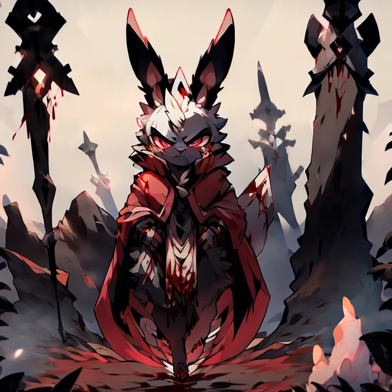 God of chaos as a bunny ( death glare and blood). ( Hold a white spear ) ( walk through the cold mountains)