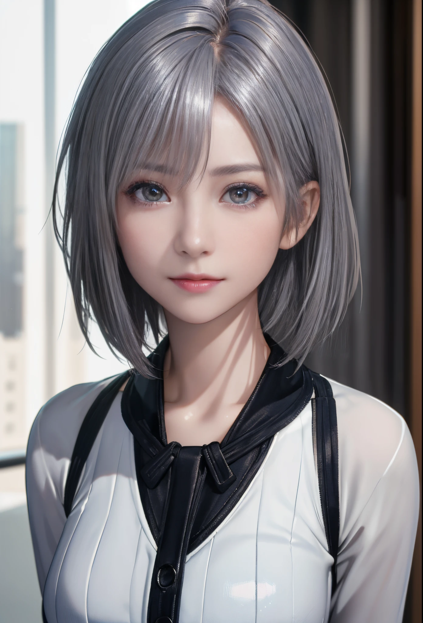 (8K, Photorealistic, Raw photo, of the highest quality: 1.3), (1girl in), Super beautiful, (Realistic face), (boyish, Silver Color Berry Shorthair), Beautiful , Glare that captivates the viewer, Beautiful expression, Beautiful breasts, (Realistic skin), Beautiful...