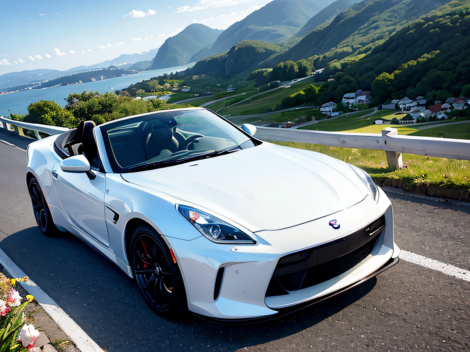 1womanl、Slender woman、超A high resolution、An ultra-high picture quality、8K、Wonderful expression with attention to detail、early summer coastline、A white sports car stopped on a mountain road、nissan fairladyＺ　3000ZR Cabriolet