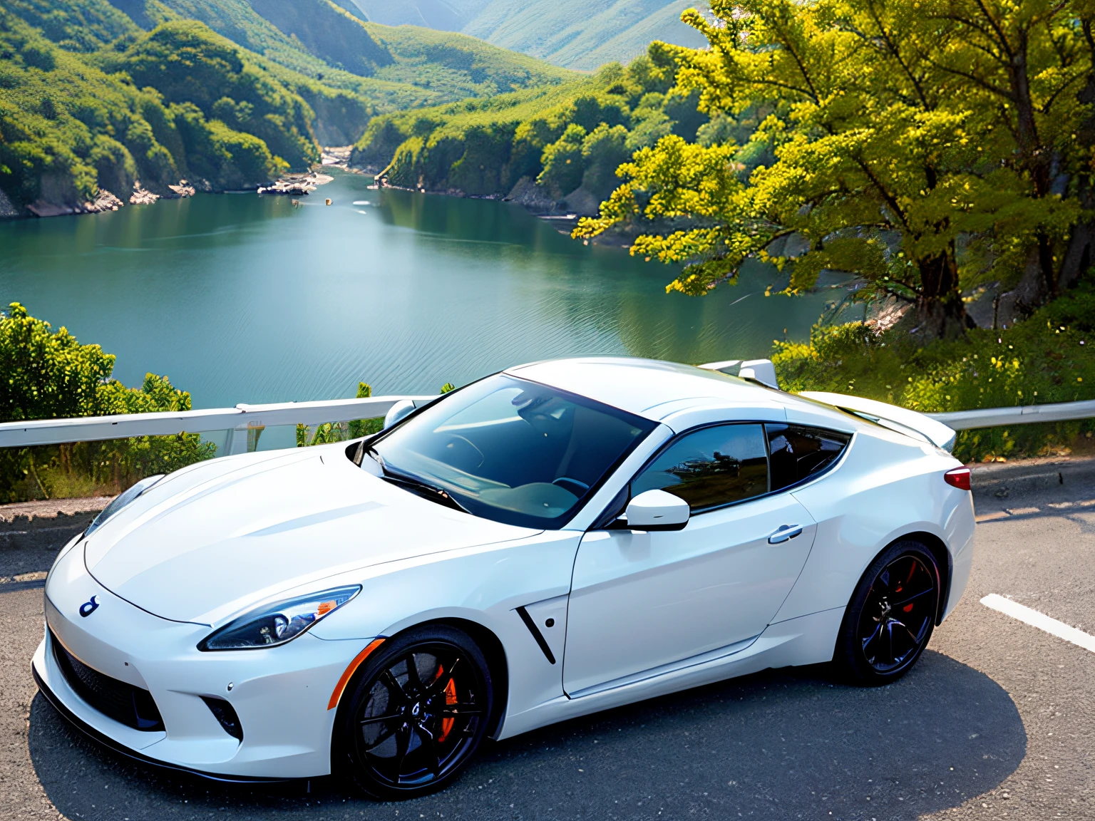 1womanl、Slender woman、超A high resolution、An ultra-high picture quality、8K、Wonderful expression with attention to detail、early summer coastline、A white sports car stopped on a mountain road、nissan fairladyZ 3000ZR Cabriolet