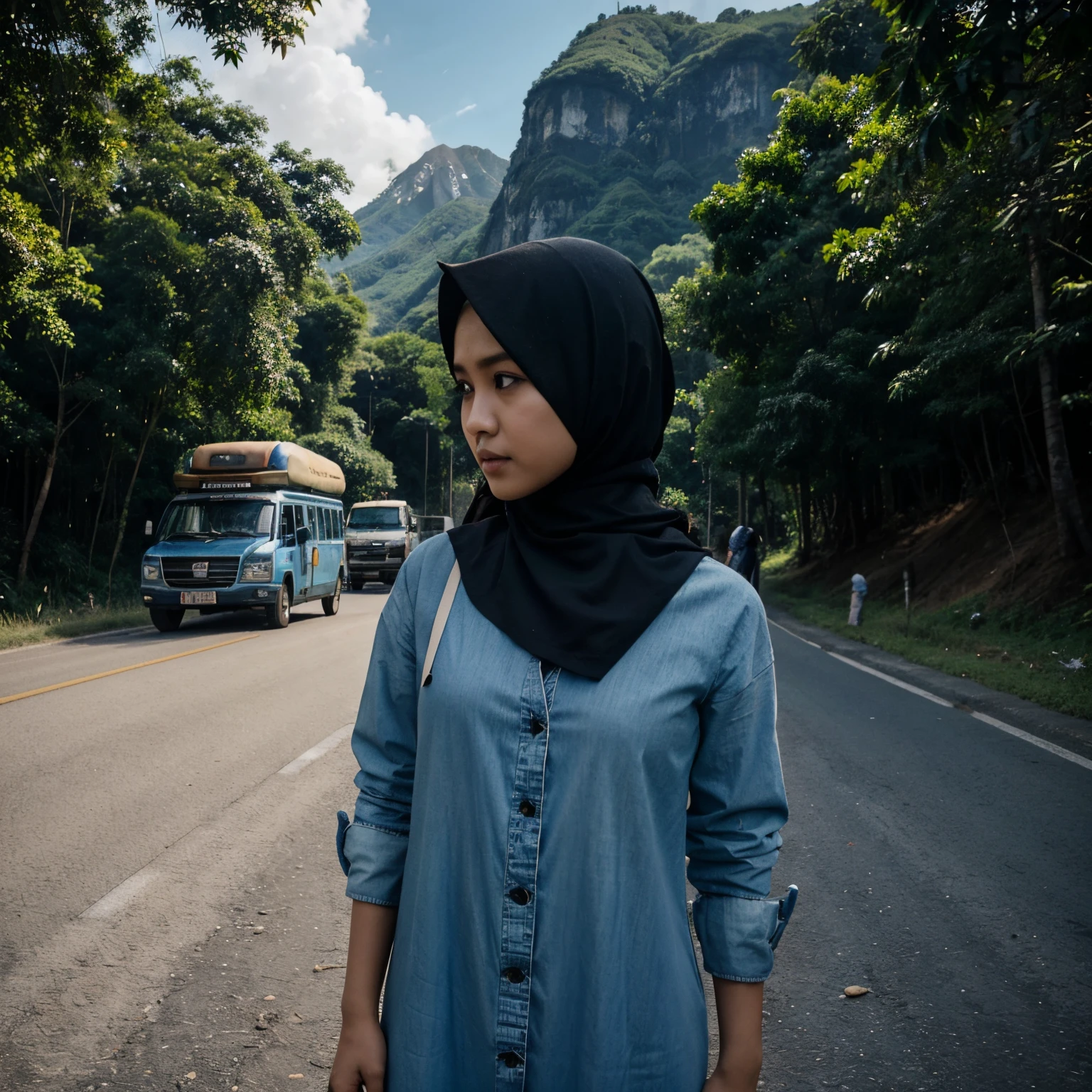 seorang pria indonesia berwajah ganteng dengan rambut lurus sebahu memakai jaket denim dan wanita indonesia memakai dress dan hijab berwajah cantik, bergandengan tangan, full body, real face, berjalan di trotoar, wajah menghadap penonton, gedung, mobil, suasana pagi hari dan cerah, awan biru, siluet gunung di kejauhan, chiaroscuro meningkatkan kesan detail yang rumit,realistis, beautiful scenery, hd detail