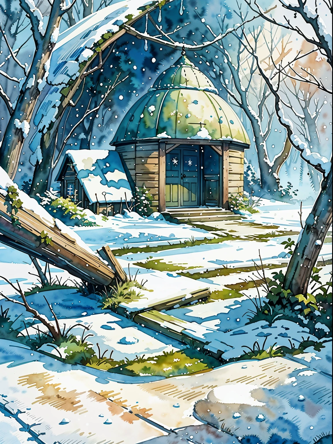 (masterpiece, best quality, close up:1.2), (no human:1.3), (((watercolor))), ((((dripping watercolor, splash art)))), watercolor on, texture, (textured canvas), blank background, dripping colors, watery colors, (stone pavement, road, fence), ((vegetable garden)), (((medieval fantasy))), fantasy, medieval, ((fairytale)), (fog, snow, winter:1.7), (canopy:1.2), clean, (stone hut, misty:1.4), fence, (forest, forest floor:1.4), ultra clean, Ultra detailed, studio ghibli, landscape, wallpaper, clean, warm tone, anime style, masterpiece, super detail, highres, best quality