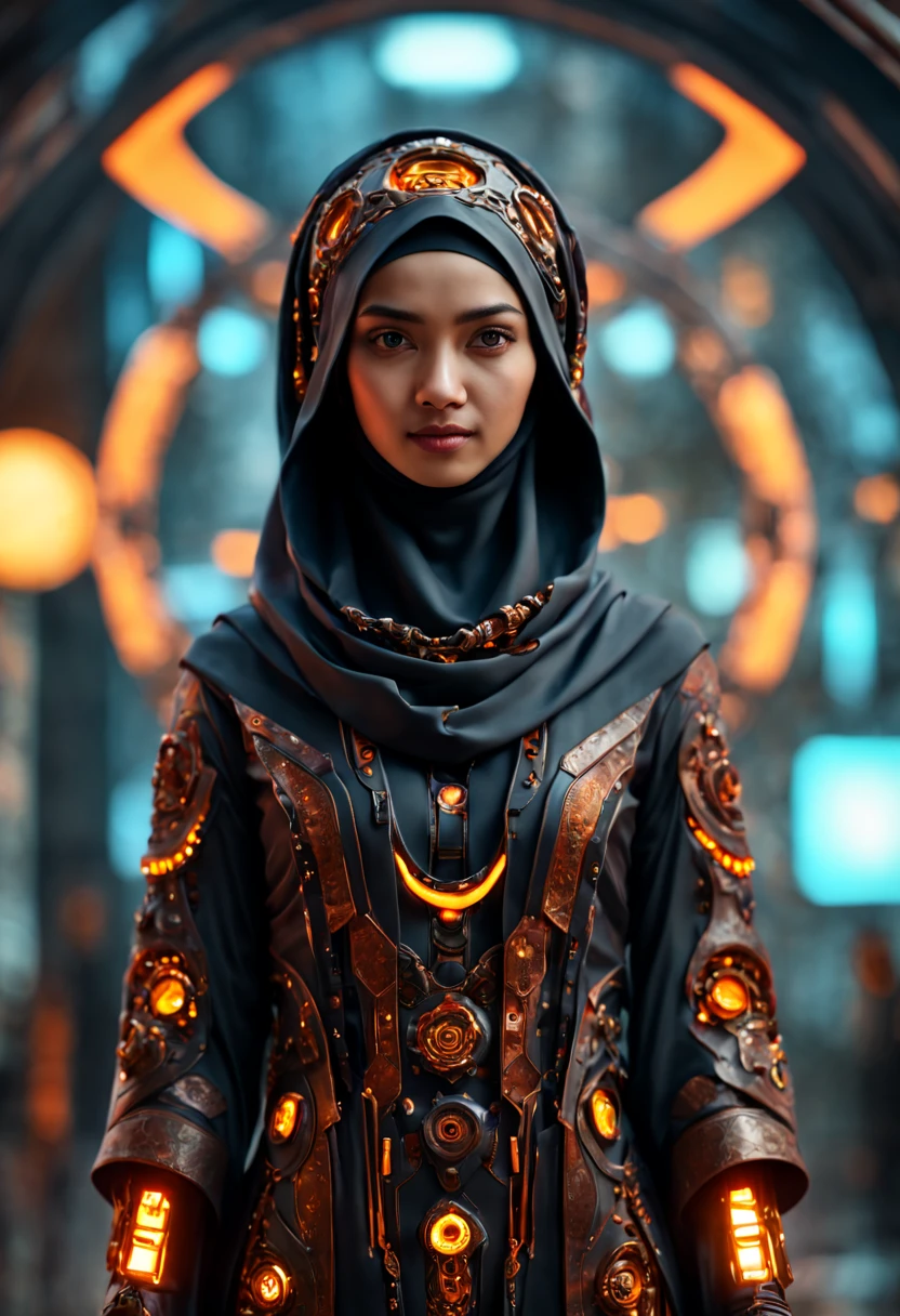 ((best quality)), ((masterpiece)), ((realistic, digital art)), Hyper HD, (hyper detailed), RAW Photography, (Perfect Body Shape), (Dyanamic Poses), DonMCyb3rN3cr0XL Hijabi Malay female Techno-witch, octane rendering, raytracing, volumetric lighting, Backlit, Rim Lighting, 8K, HDR, Bokeh