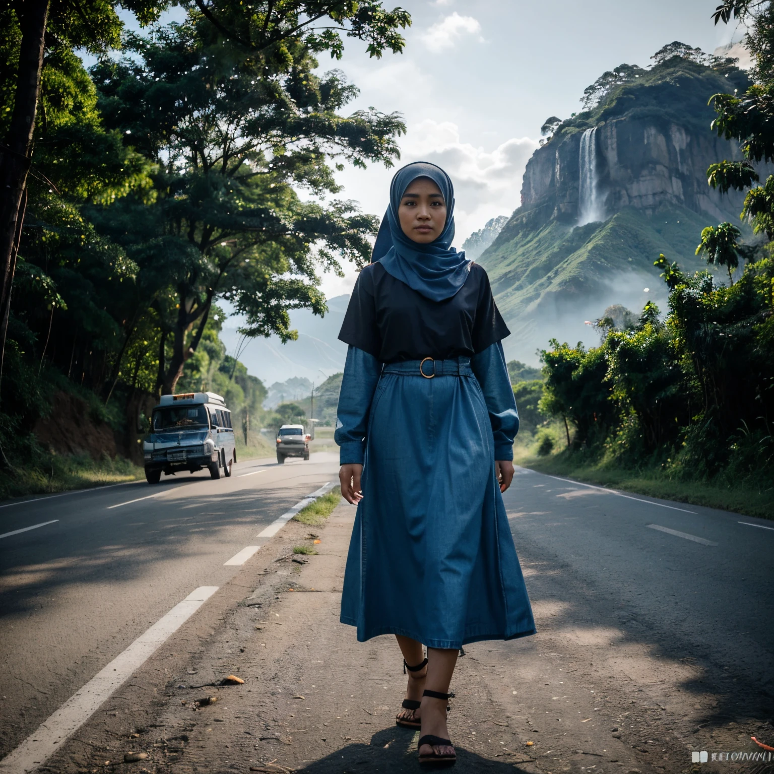 seorang pria indonesia berwajah ganteng dengan rambut lurus sebahu memakai jaket denim dan wanita indonesia memakai dress dan hijab berwajah cantik, bergandengan tangan, full body, real face, berjalan di trotoar, wajah menghadap penonton, gedung, mobil, suasana pagi hari dan cerah, awan biru, siluet gunung di kejauhan, chiaroscuro meningkatkan kesan detail yang rumit,realistis, beautiful scenery, hd detail