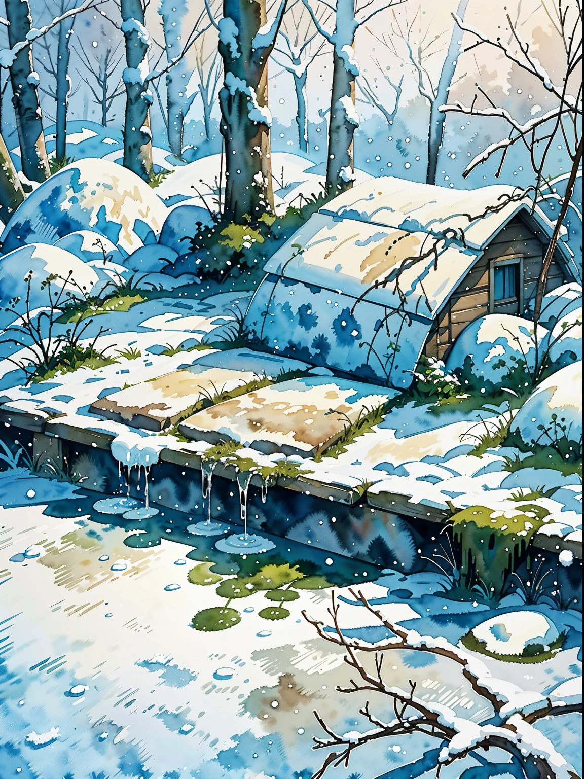 (masterpiece, best quality, close up:1.2), (no human:1.3), (((watercolor))), ((((dripping watercolor, splash art)))), watercolor on, texture, (textured canvas), blank background, dripping colors, watery colors, (stone pavement, road, fence), ((vegetable garden)), (((medieval fantasy))), fantasy, medieval, ((fairytale)), (fog, snow, winter:1.7), (canopy:1.2), clean, (stone hut, misty:1.4), fence, (forest, forest floor:1.4), ultra clean, Ultra detailed, studio ghibli, landscape, wallpaper, clean, warm tone, anime style, masterpiece, super detail, highres, best quality