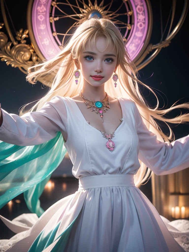 tmasterpiece，Highest image quality，super detailing，Best quality ,Extremely Delicately Beautiful, Very meticulous,Best quality, offcial art, extremely detaild的 CG unified 8k wallpapers, Ana de Armas portrait photo, blond hair blue eyes，Radiant skin and radiant eyes:1.1), pretty skin, lamplight, (Detailed lighting:1.2), (Beautiful and detailed light:1.3), Nice goddess dress, deep understanding, The beautiful, iintricate, digitial painting, smooth private parts, Focus sharp, The end of the world, Epic reality, (HighDynamicRange:1.4), captivating curves，(pastel colour:1.4), Bigchest，apocalyptic, giving up, com cores neutras, natta, Screen space refraction, (Complicated details, ultra - detailed:1.3), Dream Catcher Necklace，art  stations, Cinema lenses, vignet, the complex background, buliding，Enchanted smile，detailed back ground，Dream catcher earrings in various colors，white colors，in pink，purpleish color，red colour，blue colors，orange colors，green color，cyan colors，），