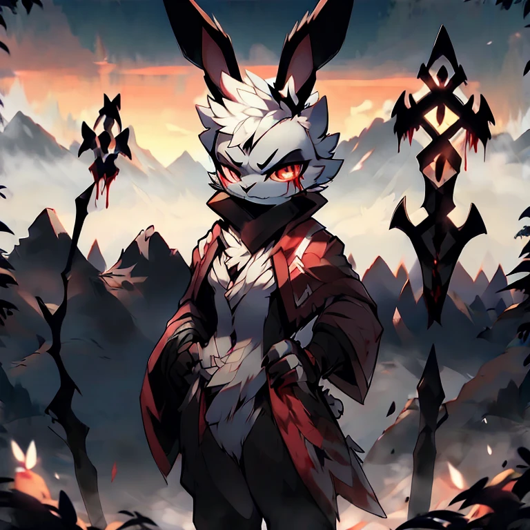 God of chaos as a bunny next to the goddess of chaos ( death glare and blood). ( Hold a white spear ) ( walk through the cold mountains)