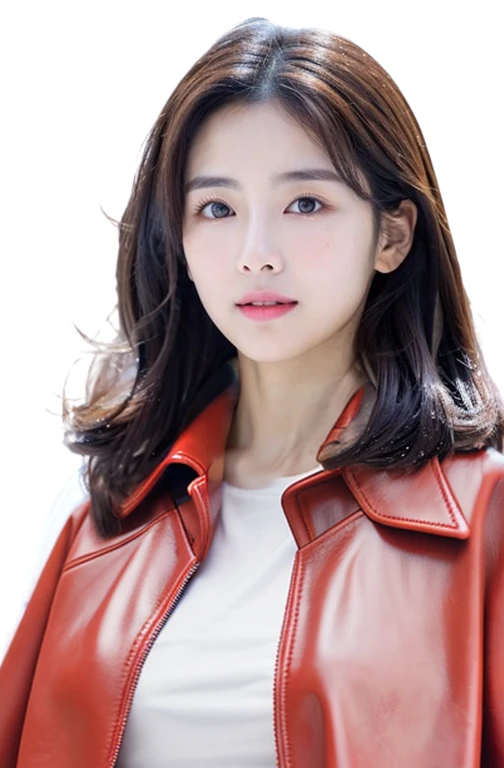 red leather coat, white t-shirt