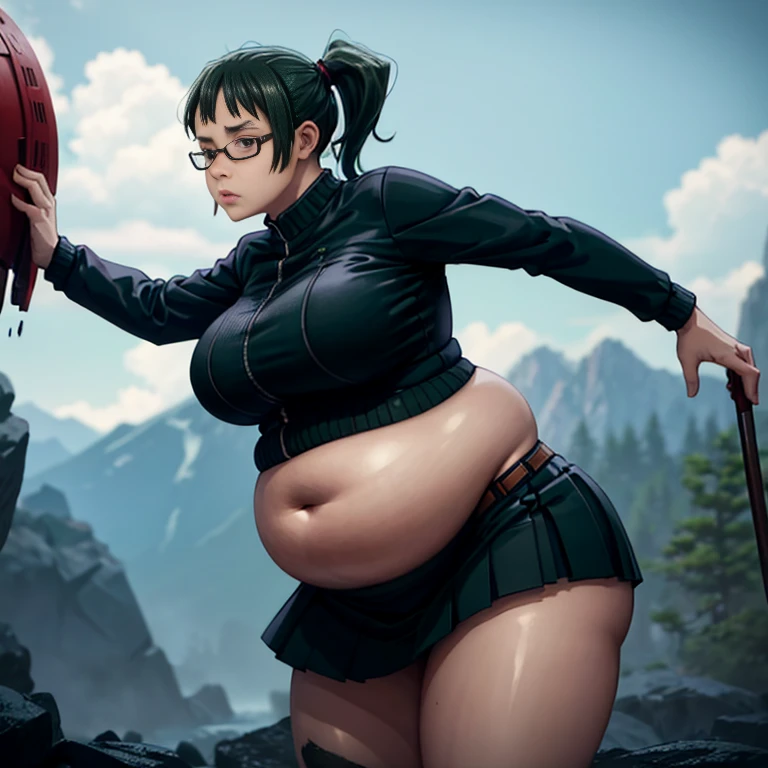 art by kipteitei, 1girl, dark green hair , hair in pony tail, maki zenin from the anime jujutsu kaisen, big plump belly, huge belly, huge belly, pretty face, nose, lips, beautiful eyes, circle glasseest quality, masterpiece, 4k, sharp focus), professional photograph, sharp focus, dramatic, award winning, cinematic lighting, octane render, unreal engine, volumetrics dtx,