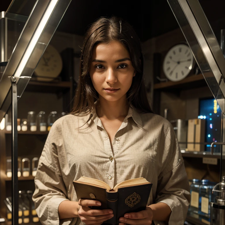 Detailed description of the subject with maximum possible information to describe the image: A contemporary woman portraying an alchemist, wearing modern attire reminiscent of a scientist or researcher. She stands in a well-lit laboratory, surrounded by scientific equipment and glassware. The woman holds an ancient, weathered book, adorned with mystical symbols and intricate designs. Her facial expression is one of positive fascination, displaying awe and excitement at something remarkable she has discovered within the book's pages.