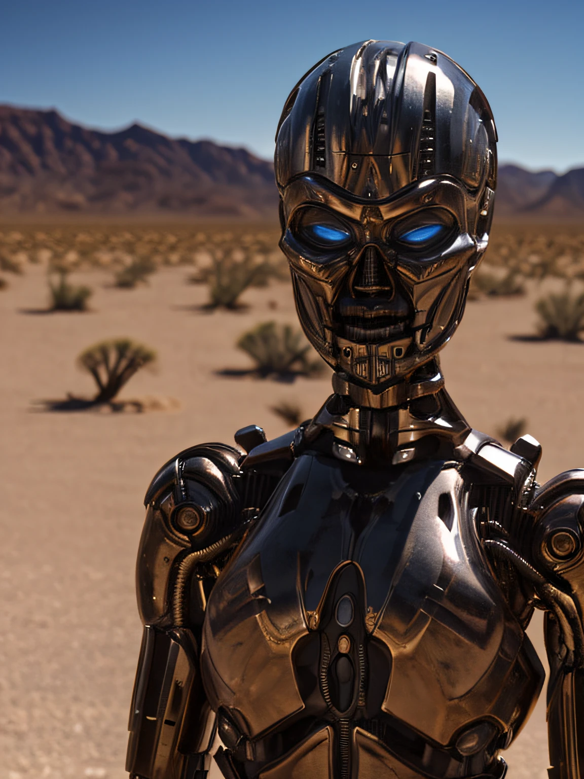 realistic, TX in california desert, noon, clear lighting, (TX Endoskeleton:1.5), detailed TX endoskeleton, ultrarealistic TX endo, (deep focus), (sharp details), (detailed environment:1.0), best quality, ultra HD 8K