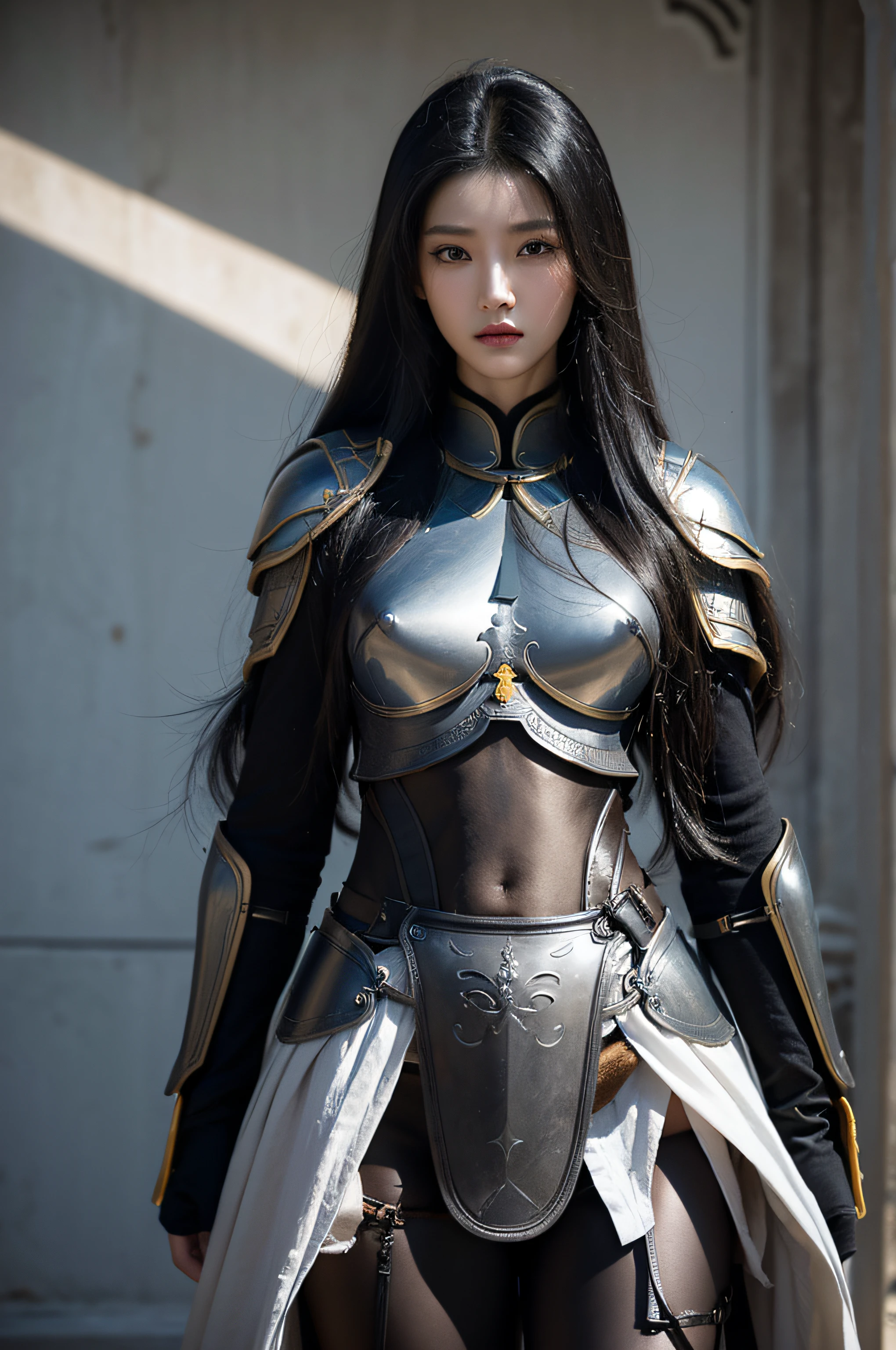 Ultimate light and shadow,The side face reveals long legs and black hair, hair straight, Long eyelashes, largeeyes,Liu Yemei,armour, ancient wind, Han Jian, lipsticks, tall nose bridge,,Dunhuang Myth,Fantastical,scifi style,tmasterpiece,ultra - detailed,high detal