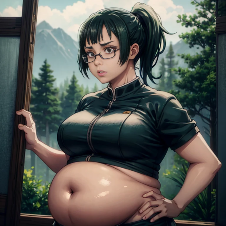 art by kipteitei, 1girl, dark green hair , hair in pony tail, maki zenin from the anime jujutsu kaisen, big plump belly, huge belly, pretty face, nose, lips, beautiful eyes, circle glasseest quality, masterpiece, 4k, sharp focus), professional photograph, sharp focus, dramatic, award winning, cinematic lighting, octane render, unreal engine, volumetrics dtx,