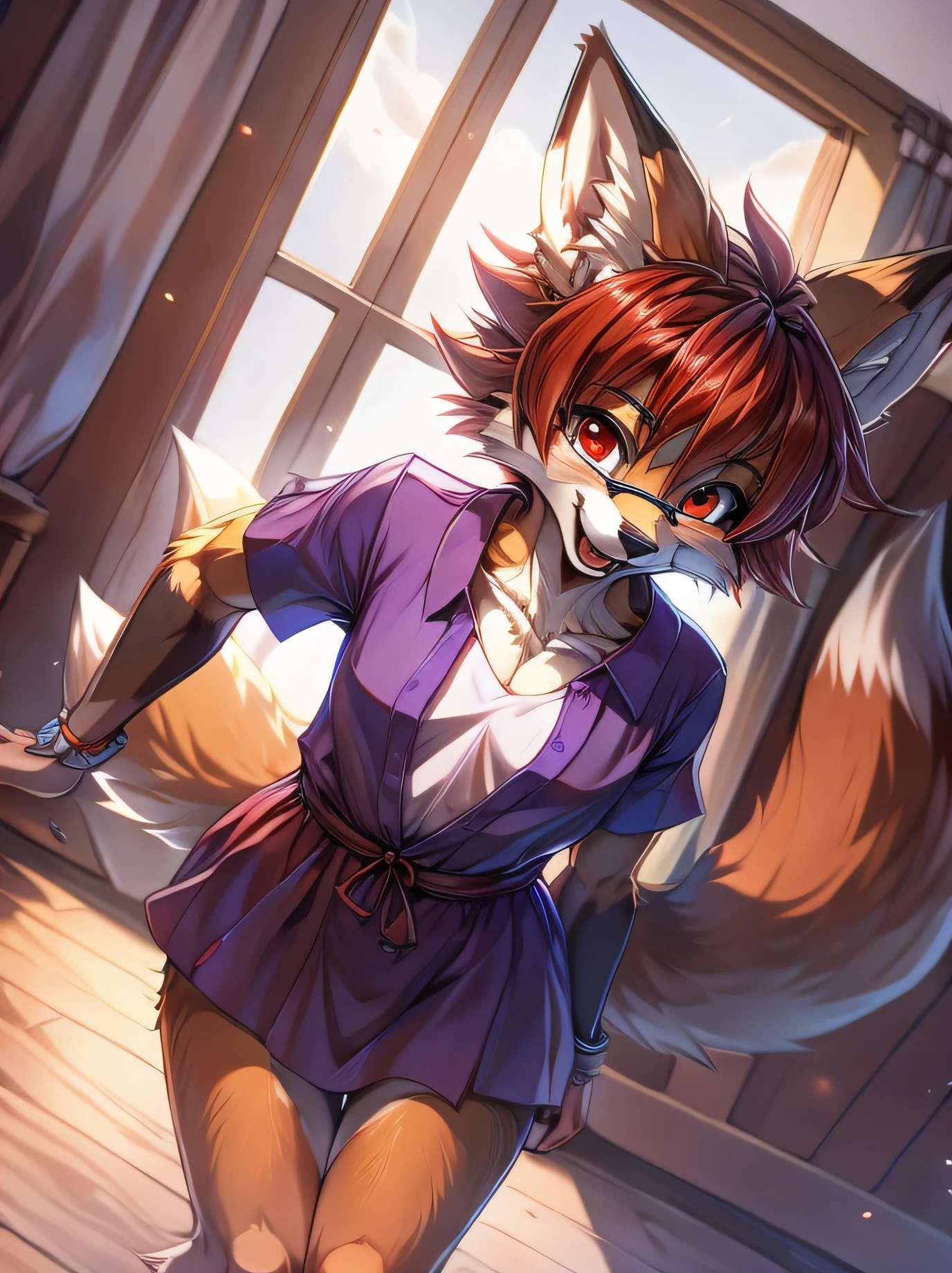 fox furry girl with short red hair, fluffy hair shy, beautiful red eyes, wearing glasses,  very  fluffy tail, small chest, ************, happy , happy mouth, young body, Good girl, wearing a cute purple modest cute outfit, leaning over, dancing,  in front of a house, being adorable, proud girl, wanting to be loved, low perspective, back perspective