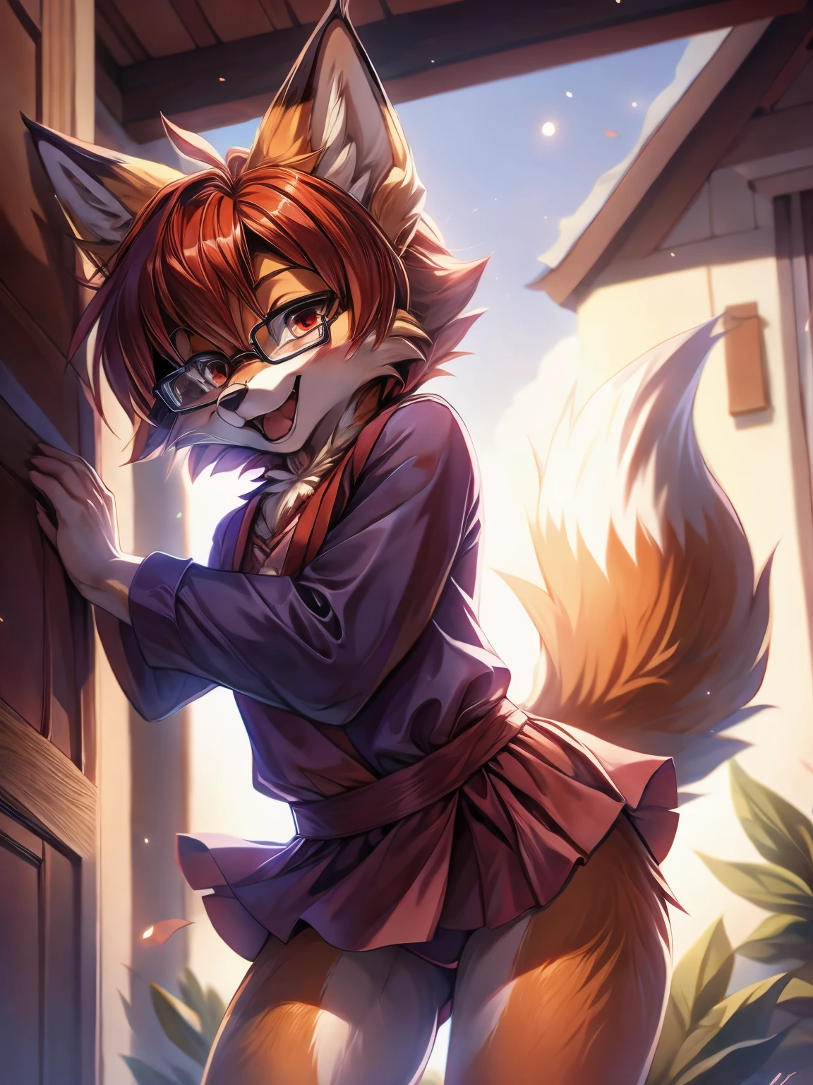 fox furry girl with short red hair, fluffy hair shy, beautiful red eyes, wearing glasses,  very  fluffy tail, small chest, , happy , happy mouth, young body, Good girl, wearing a cute purple modest cute outfit, leaning over, dancing,  in front of a house, being adorable, proud girl, wanting to be loved, low perspective, back perspective