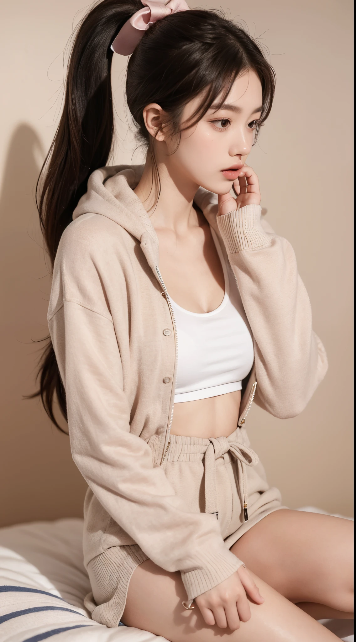 Photorealistic:1.37,Ultra-detailed,professional,sportrait,Vivid colors,Studio lighting,soft pastel tones, 1girl, 175cm,korean model,23 years old,soft body, slender body, ponytail hairstyle ,whole body, hair reaches waist, whole body,((head to leg)),close-up, 8k, RAW photo, best quality, masterpiece,realistic, photo-realistic,seductive,cute , erotic post ,Summer,(Autumn clothes:1.1) , , loose hoodie , ribbon tie