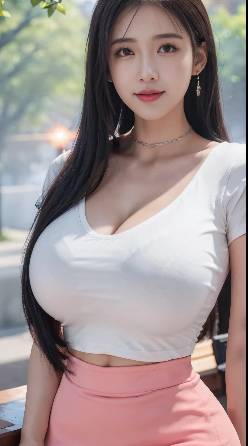 8K,hyper HD,tmasterpiece, Best quality at best, cinematic Film still from, 1 plump girl, parks,Sakura NS, Low-cut transparent dress, Colossal tits,humongous large breast,low chest, closeup cleavage, bright, cheerfulness, Warm and soft lighting, (fog atmosphere: 0.7) hooding,(Low-cut T-shirt:1.3),Wear earrings,overmany,ssmile, choker necklace,humongous large breast,low chest