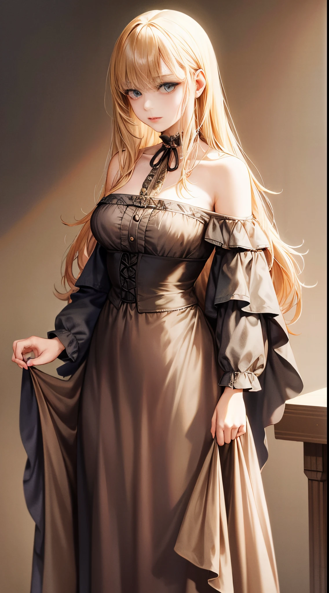 western fantasy，victoriana，A beautyful girl，The stands up，Plain clothing and  clothing，No hats，shift dresses，Nightdress，skirt off shoulder